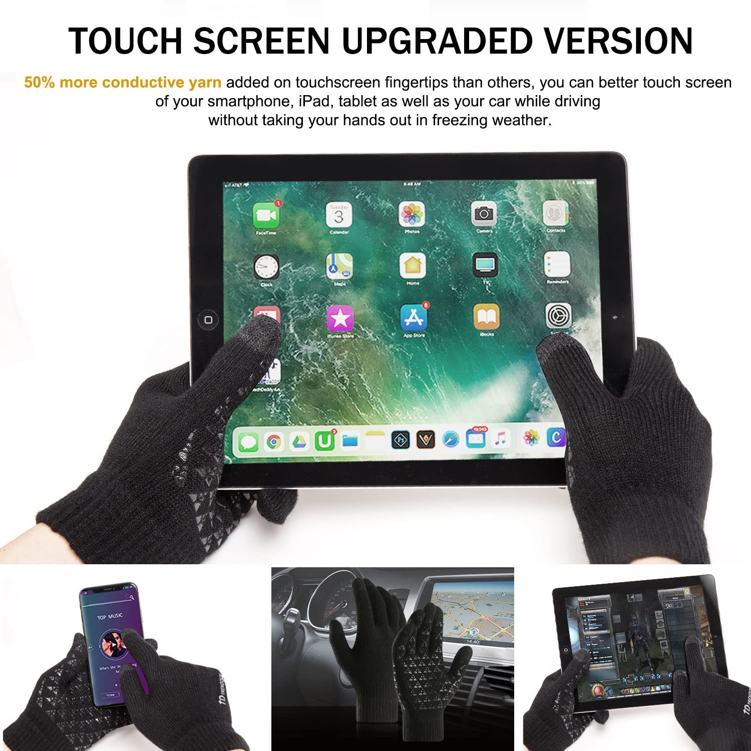 TRENDOUX Winter Gloves, Knit Touch Screen Glove Men Women Texting Smartphone Driving - Anti-Slip - Elastic Cuff - Thermal Soft Upgraded Lining - Hands Warm in Cold Weather - Black - M