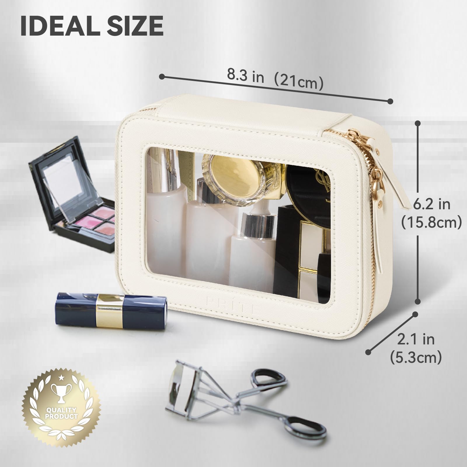 Prite Christmas Gifts Clear Makeup Bag Cosmetic Organizer Case Waterproof Travel Toiletry Bag Skincare Pouch with Golden Zipper(Beige)