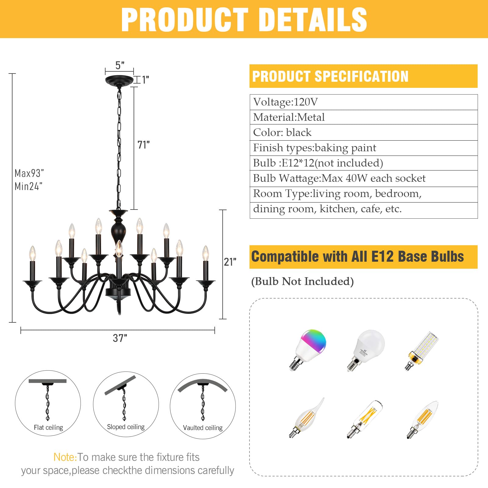 LIGHTDAMY Black Farmhouse Chandeliers for Dining Room Light Fixtures Over Table, 12 Light Industrial Candle Hanging Light Fixture for Living Room Kitchen Island Foyer Staircase