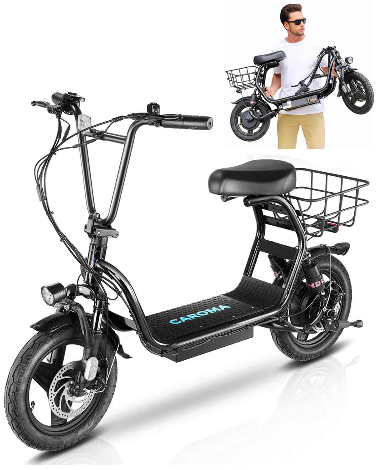 Caroma Electric Scooter with Seat, 500W/819W/870W Peak Motor, 15/25/30 Miles Range, 20Mph Top Speed, Foldable Electric Scooter for Adults, 14" BigTire E Scooter for Commuting with Shock Absorbing