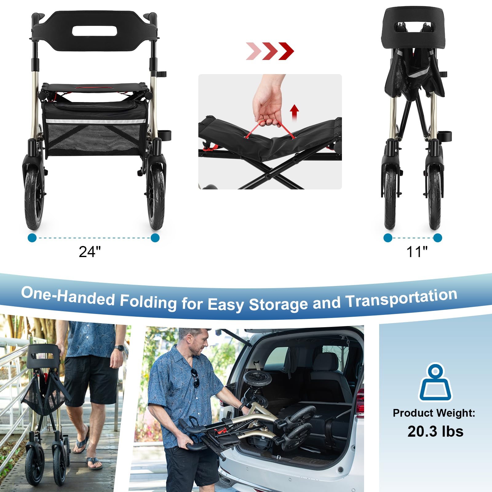 MAXWALK Walkers for Seniors, Rollator Walker with Seat, 12" Big Rubber Wheels All Terrain Rollator Walker with Backrest, Built-in Cable, Cup Holder, Foldable and Height Adjustment for Seniors, Gold