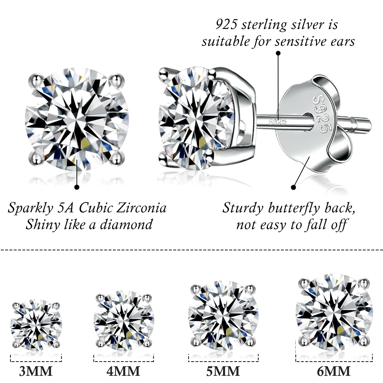 925 Sterling Silver Stud earrings Set | White Gold Plated Hypoallergenic Stud Earrings | Cubic Zirconia Stud Earrings for Women Girls (3mm，4mm，5mm，6mm)