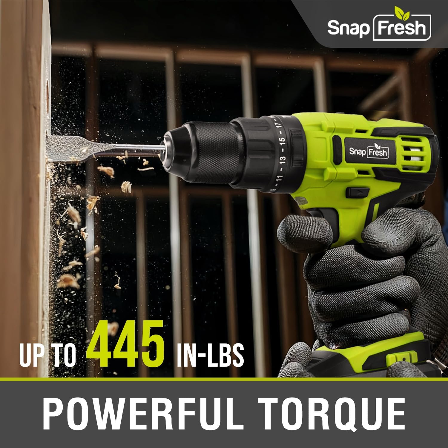 SnapFresh 20V Cordless Impact Drill-1/2" Power Drill/Driver Set,445in-lbs Torque Max,2 Variable Speeds, 43Pcs Bits w/case,2.0Ah Battery & Fast Charger Included, Power Tools