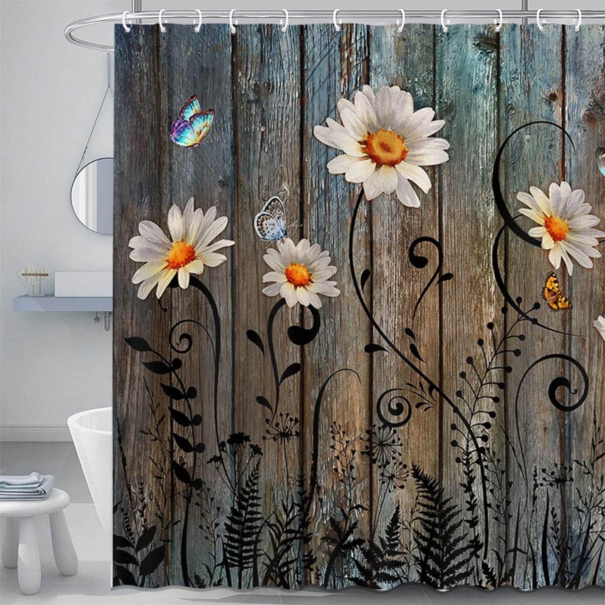 Mocsicka Country Daisy Shower Curtain Vintage Farmhouse Rustic Plant Floral Butterfly Shower Curtain for Bathroom Waterproof Fabric Shower Curtain Set with 12 Hooks, 72x72 Inches