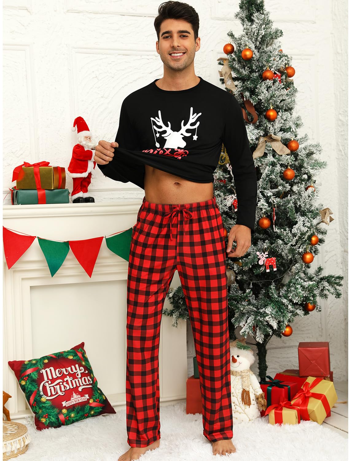 EISHOPEER Men Cotton Pajamas Set Long Sleeve Printed Sleepwear Loungewear with Pockets Black/Red Plaid X-Large