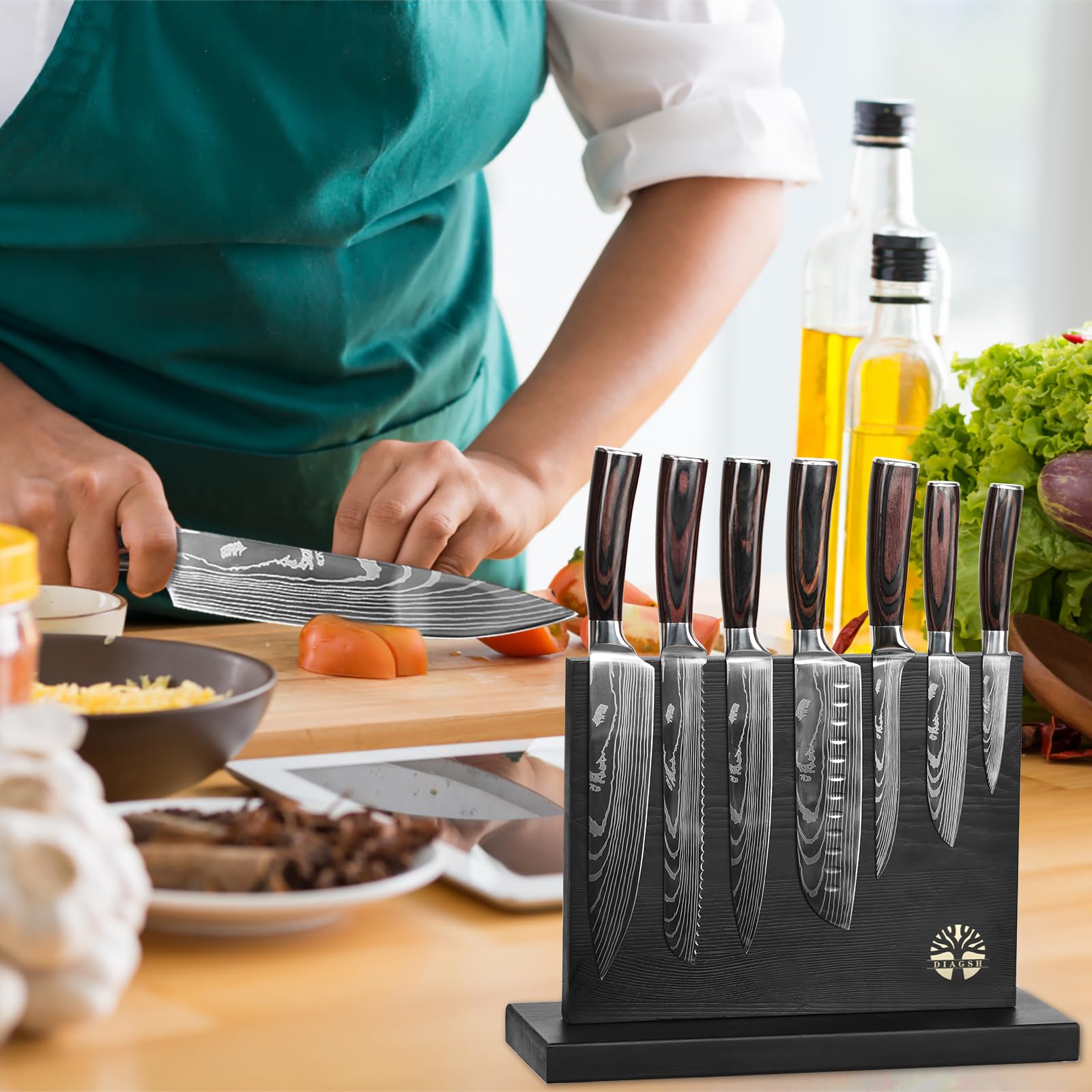 Diagsh 7-Piece Kitchen Knife Set with Block – High Carbon Stainless Steel Chef Knife, Cleaver & Magnetic Knife Holder – Perfect for Home & Professional Use, Ideal Cooking Gift