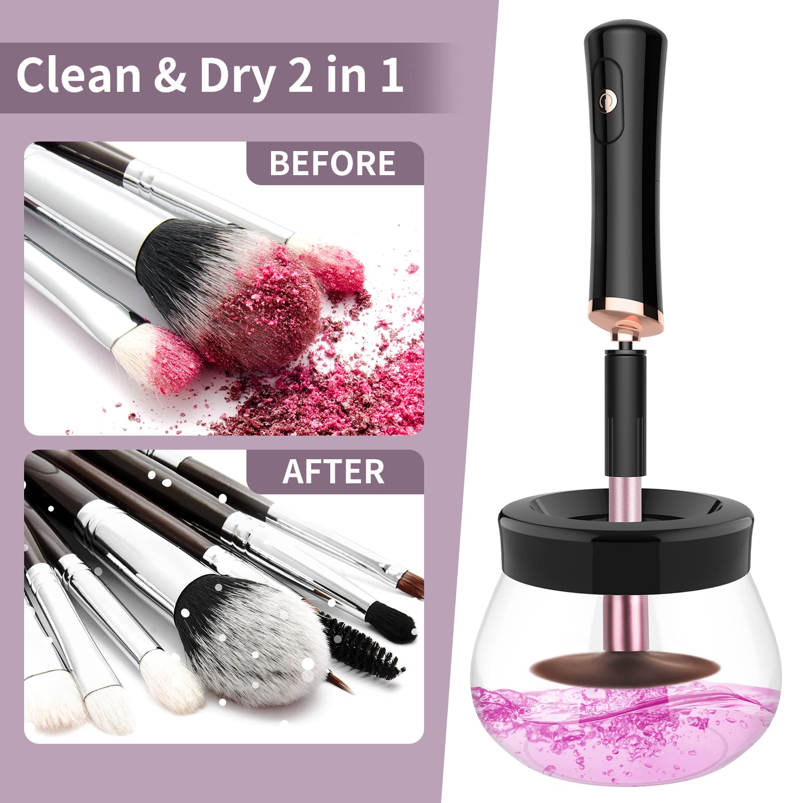 Fesmey Automatic Makeup Brush Cleaner Machine,Spinning Makeup Brush Cleaner and Dryer,Super-Fast Electric Make Up Brush Cleaner Cleanser Machine with 8 Size Collars (Black)