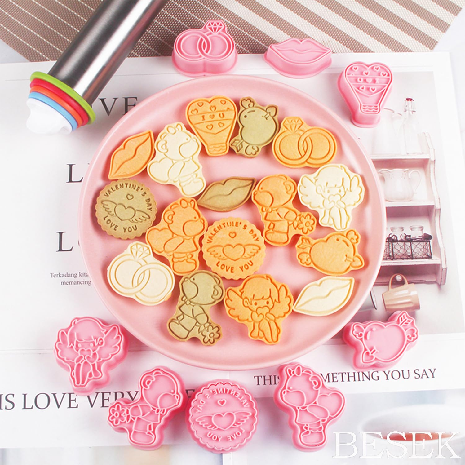 BESEK Valentine's Day Cookie Cutters: With Plunger Stamps Set, 8 Piece 3D Embossing Cutters For Biscuit Fondant Cheese Baking Molds