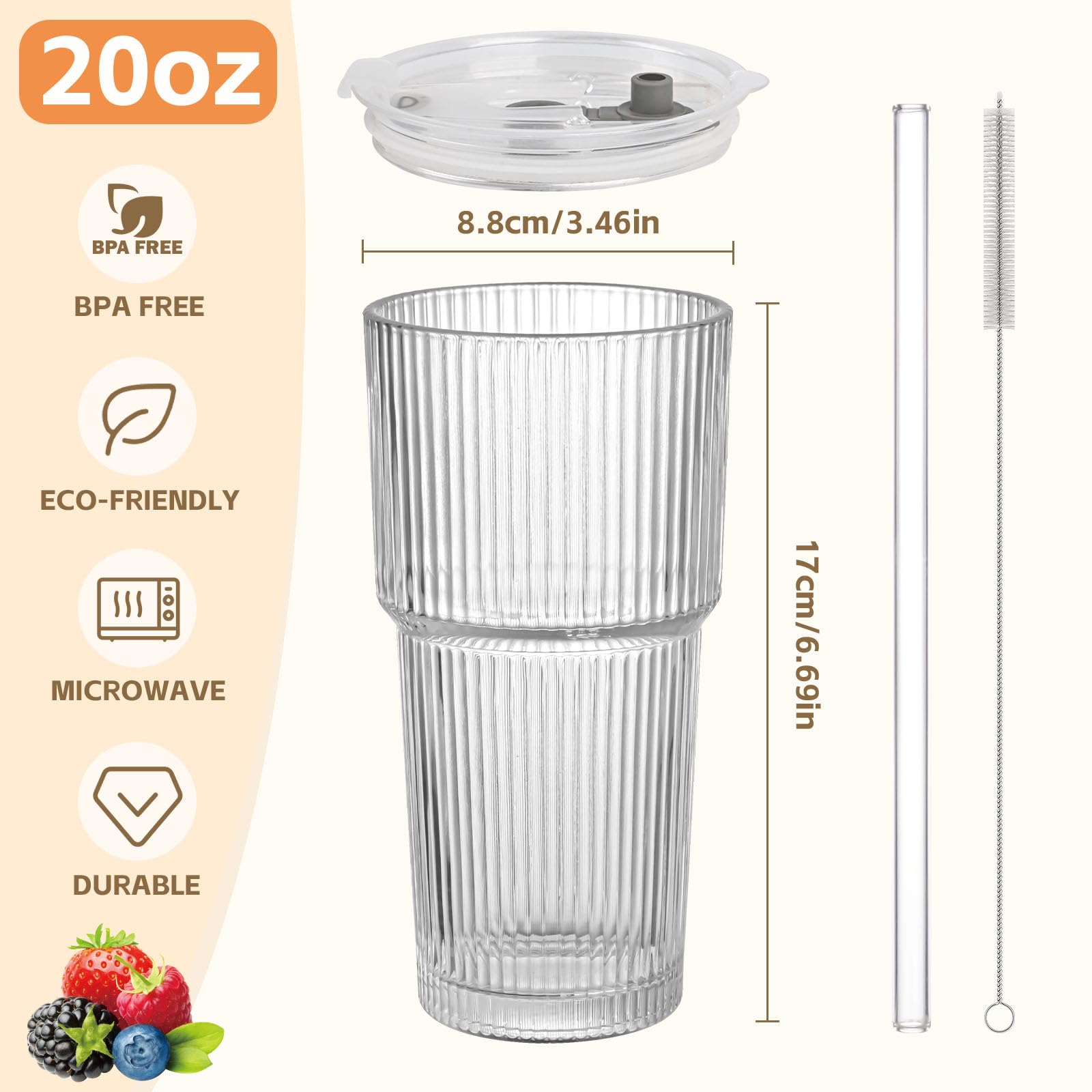 AUFXKOO 20oz Ribbed Glass Cups with Lids and Straws,2PCS Glass Tumbler with Straw and Lid,Drinking Glasses for Iced Coffee Cups,Juice,Smoothies