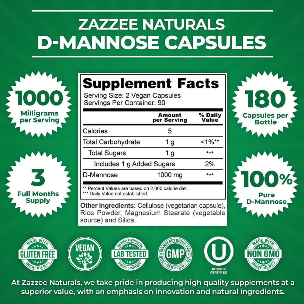 Zazzee D-Mannose, 1000 mg per Serving, 180 Vegan Capsules, 3 Month Supply, Potent & Fast-Acting, Certified Kosher, 100% Pure, All-Natural Urinary Tract Health UTI Support, 100% Vegetarian, Non-GMO