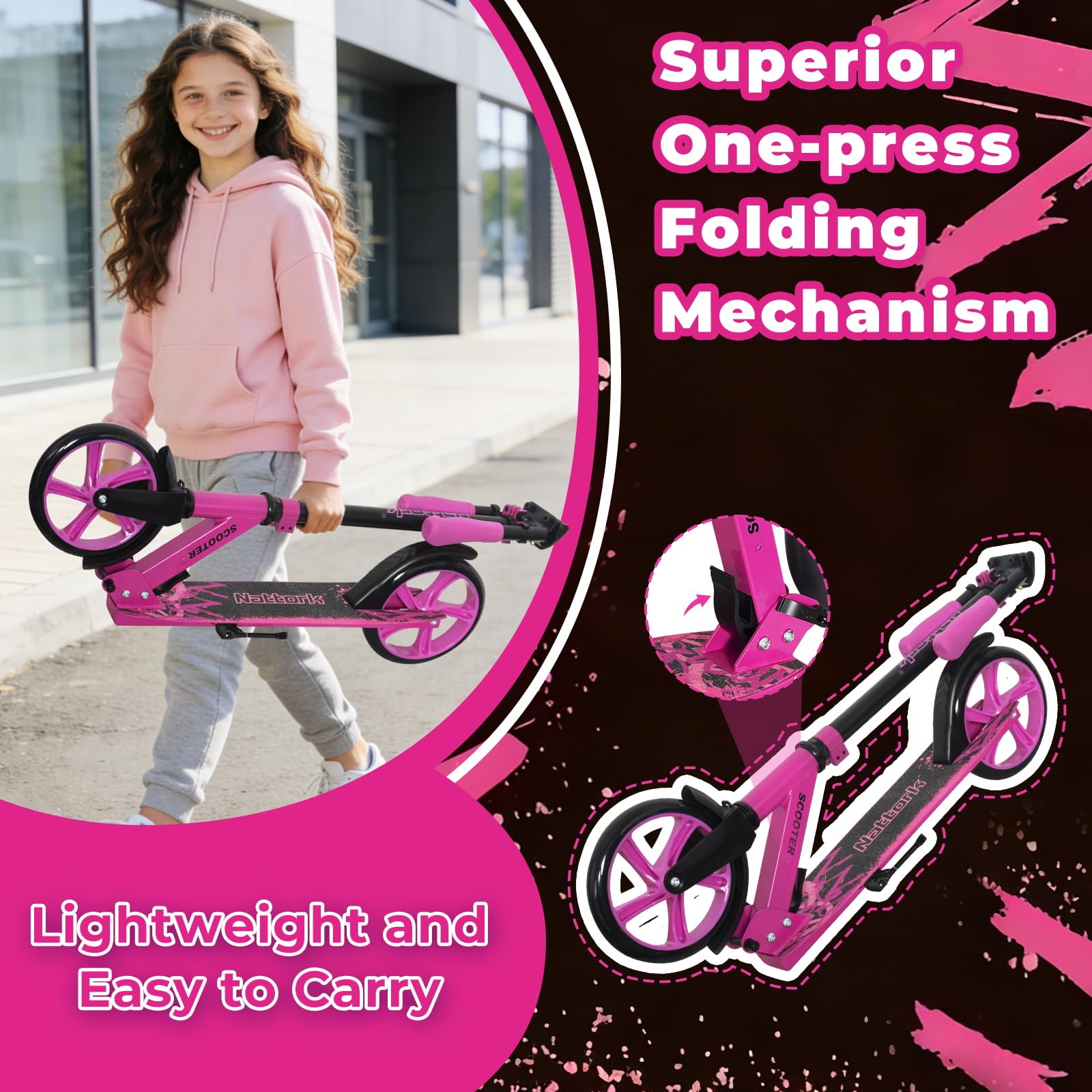Nattork Scooter for Kids 8-12, Teens and Adults- Adjustable Height Folding Kick Scooter with Large Sturdy Wheels for a Smooth Ride, Lightweight, Anti-Shock Suspension for Boys and Girls