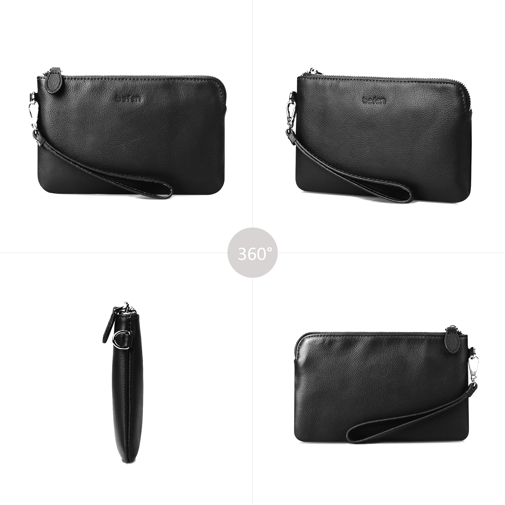 befen Women's Genuine Leather Wristlet Clutch Purse Ladies Slim Corner Zip Wallets, Silver Zipper (A01 Black)