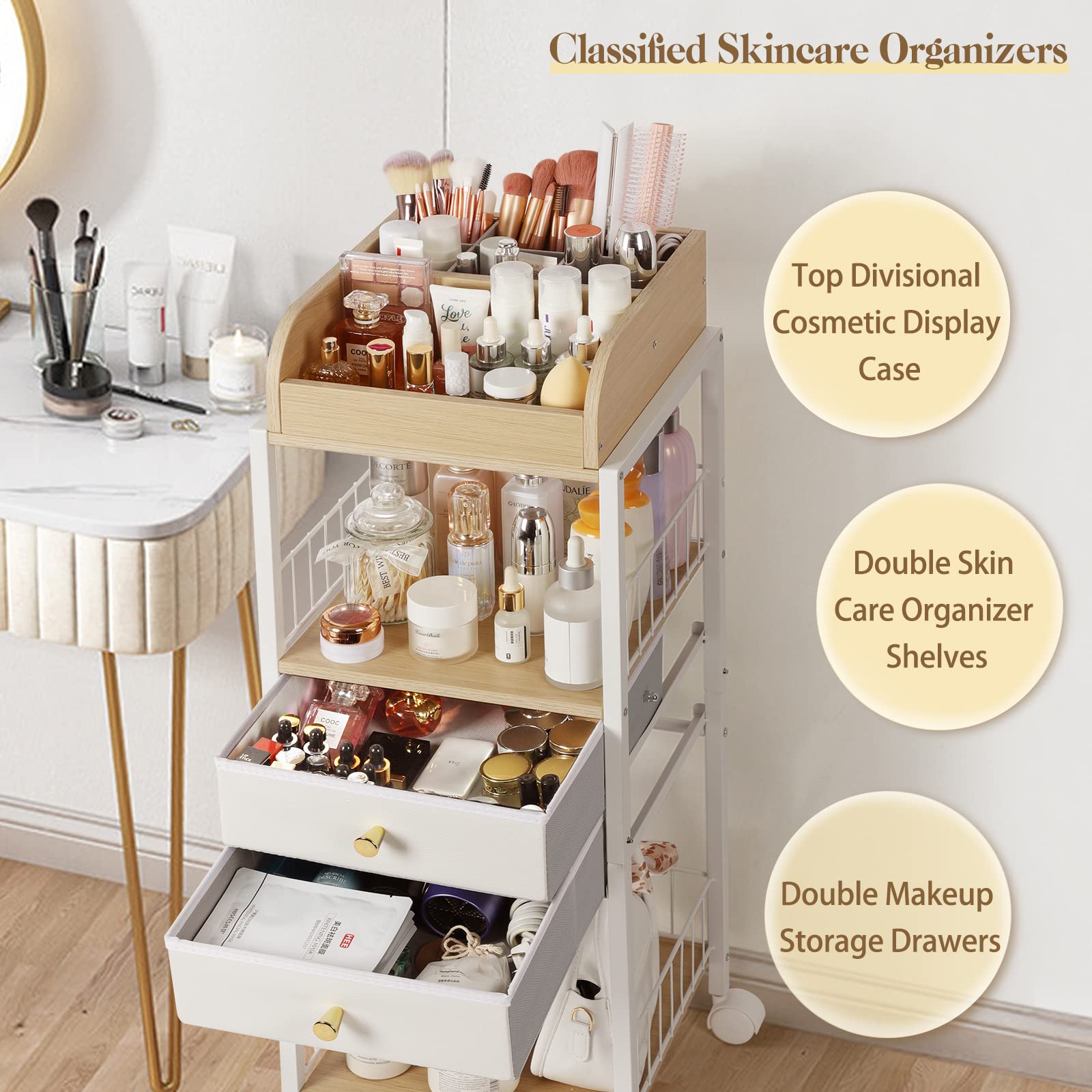 Makeup Organizer, Floor Skincare Organizers, Make Up Organizers and Storage with Drawers, Vanity Organizer Cosmetics Display Cases Holder for Skin Care Nail Polish Perfume Makeup brush Hair Tool