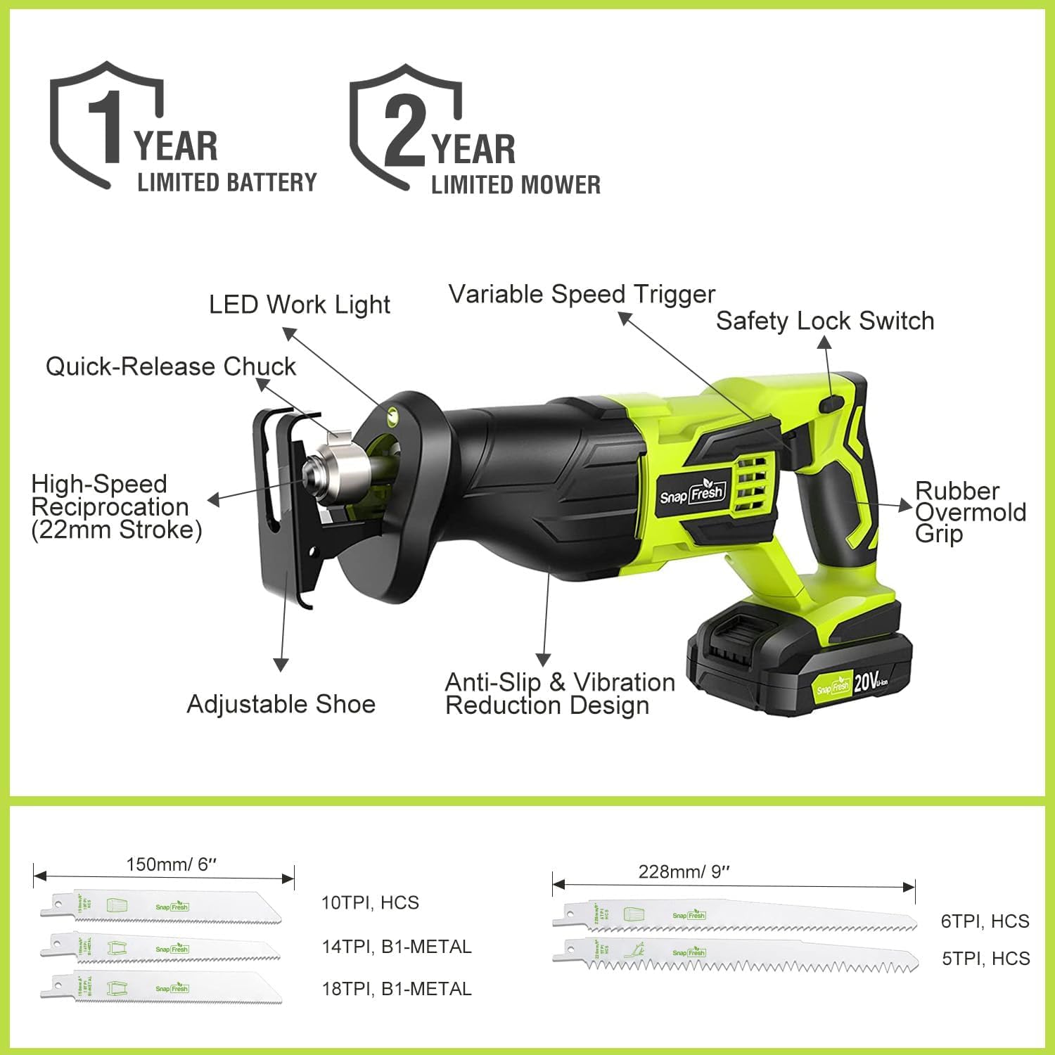 SnapFresh 20V Cordless Reciprocating Saw –3000 SPM, Variable Speed Trigger, Tool-Free Blade Change, LED Light, Lightweight & Compact for Wood, Metal, Plastic, 2.0Ah Battery & Fast Charger Included