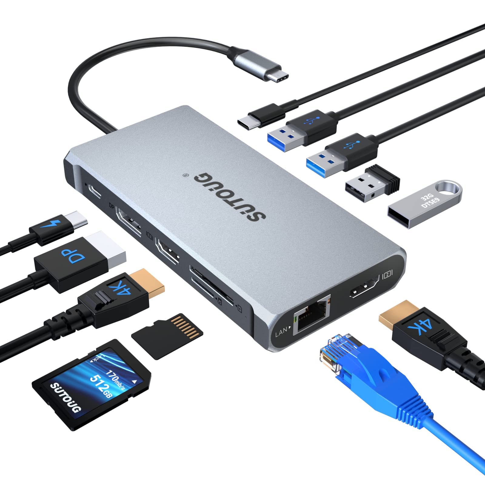 SUTOUG 12 in 1 USB C Hub, Docking Station, Triple Displays Laptop Docking Station for MacBook Pro and Windows(2 HDMI, DP, 100W PD, SD/TF Card Reader, 3 USB 3.0 Ports), MAC OS only Support Mirror Mode
