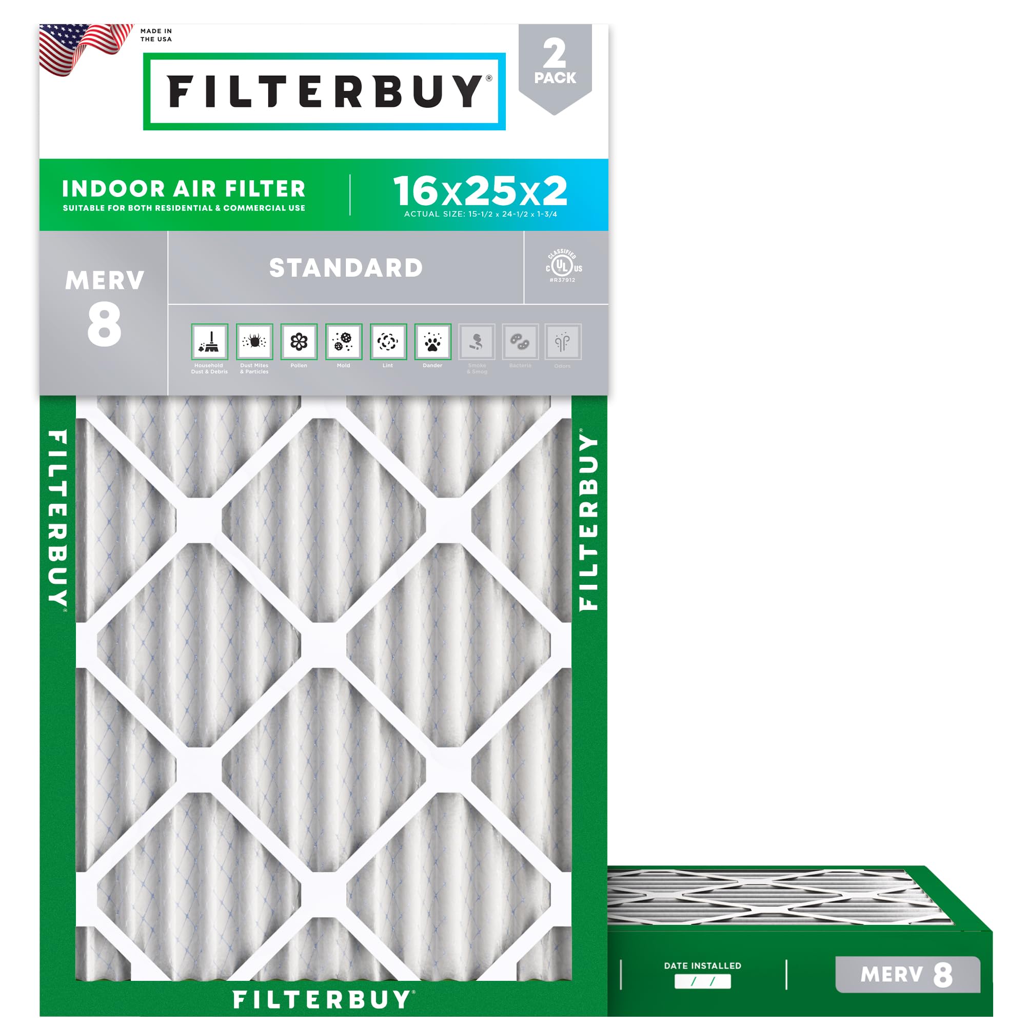 Filterbuy 16x25x2 Air Filter MERV 8 Dust Defense (2-Pack), Pleated HVAC AC Furnace Air Filters Replacement (Actual Size: 15.50 x 24.50 x 1.75 Inches)