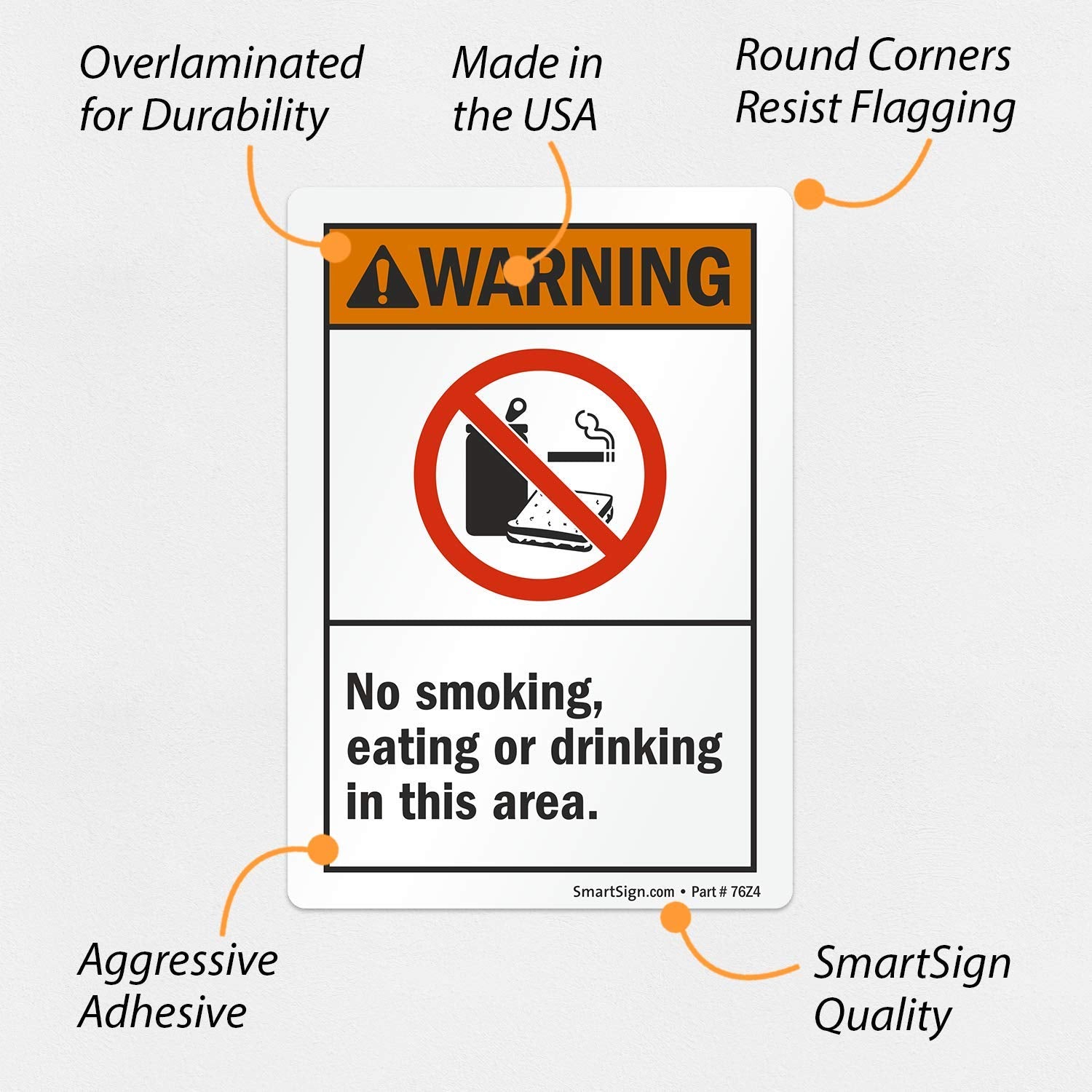 SmartSign - U9-1638-ND "Warning - No Smoking, Eating or Drinking In This Area" Label | 3.5" x 5" Laminated Vinyl , Black/Orange on White