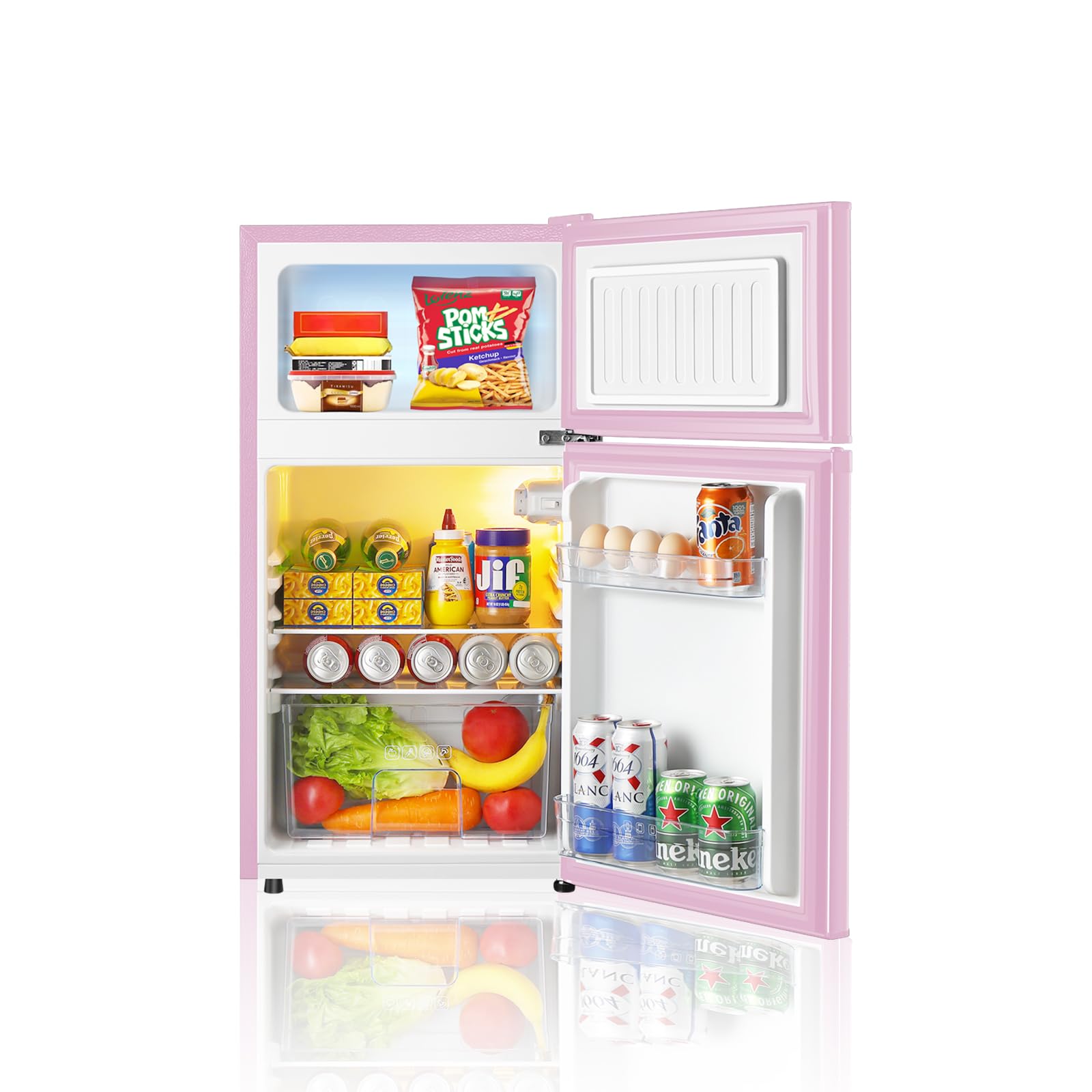 Saeoola Mini Fridge with Freezer, 3.2 Cu.Ft, 2 Doors Compact Mini Refrigerator with Separate Freezer for Dorm, Bedroom, Office, Apartment with 7-Level Temperature Control, Removable Shelves (Pink)