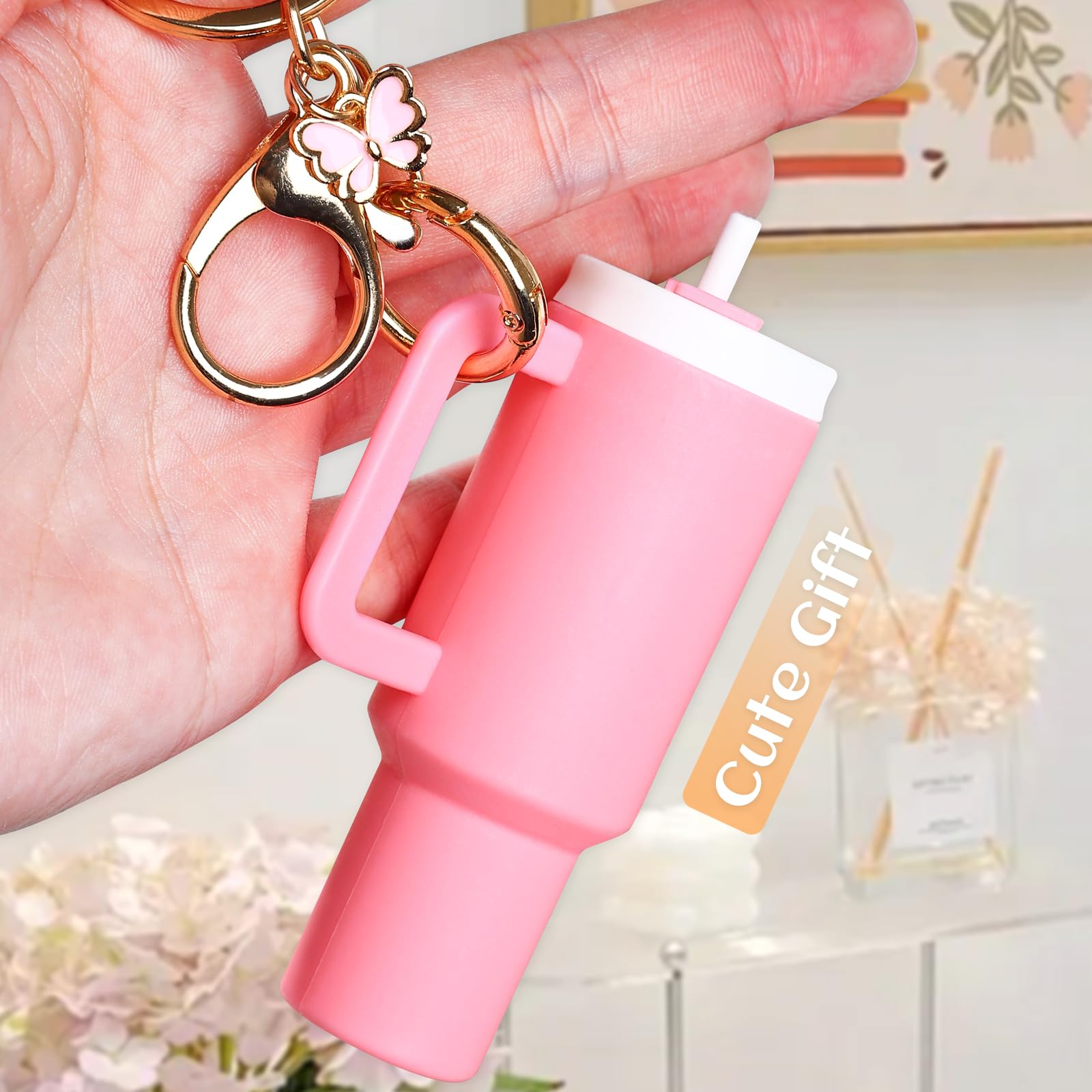 4pcs Mini Tumbler Keychain for Stanley Cup, Cute Chapstick Lip Balm Holder Lipstick Chap Stick Ring Jewelry Key Chain Charms for Women Purse Handbag Backpack with Butterfly(PurpleBeigePinkBlue)