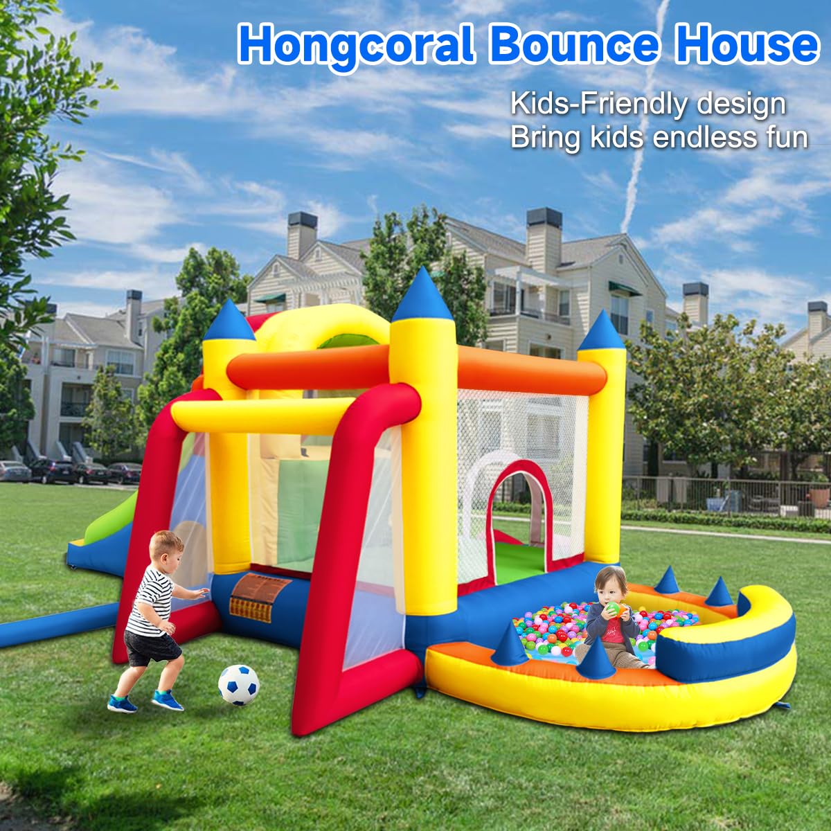 Hongcoral Inflatable Bounce House, 8 in 1 Large Bounce Castle with Blower for Kids and Toddlers, Outdoor Indoor Backyard Inflatable Bouncers with Two Slides