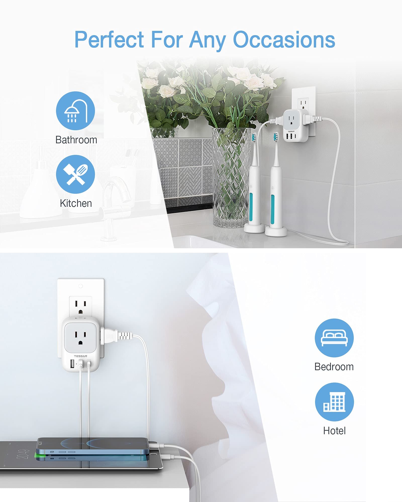 USB Wall Charger, USB Plug Adapter Outlet Extender, TESSAN 3 USB Block (1 USB C Port), Multi Charging Station for Cruise, Bathroom, Office, Dorm Essentials