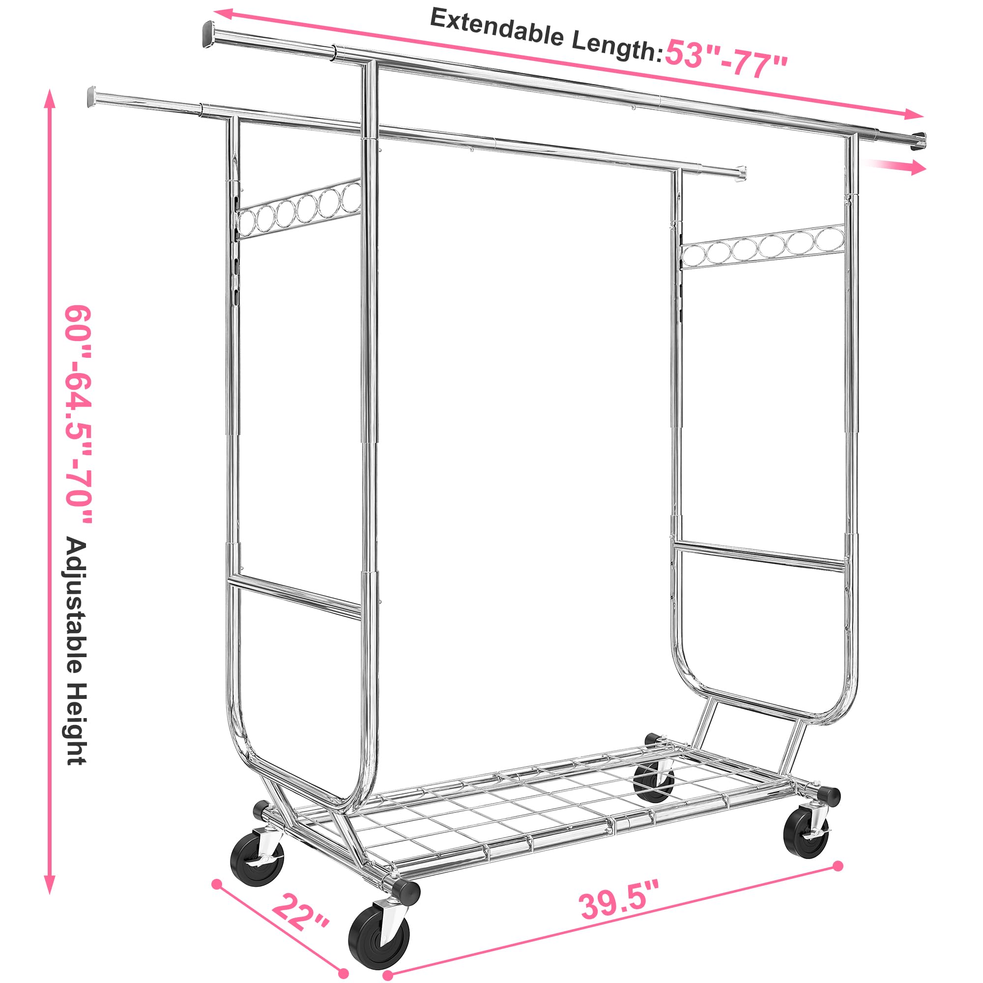 Raybee Clothes Rack Heavy Duty Clothing Racks for Hanging Clothes Load 620LBS, Rolling Clothing Rack with Wheels, Chrome Adjustable & Portable Commercial Garment Rack 22" D x 76" W x 69" H