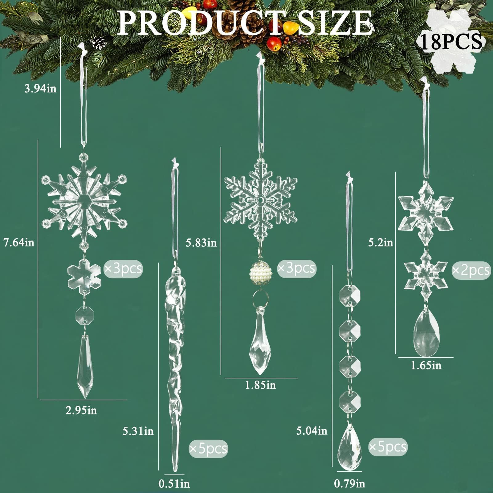 18pcs Crystal Christmas Ornaments for Tree Decorations-Hanging Acrylic Snowflake Icicle Ornaments with Drop Pendants for Winter Wonderland Chandelier Crystals Decorations Supplies