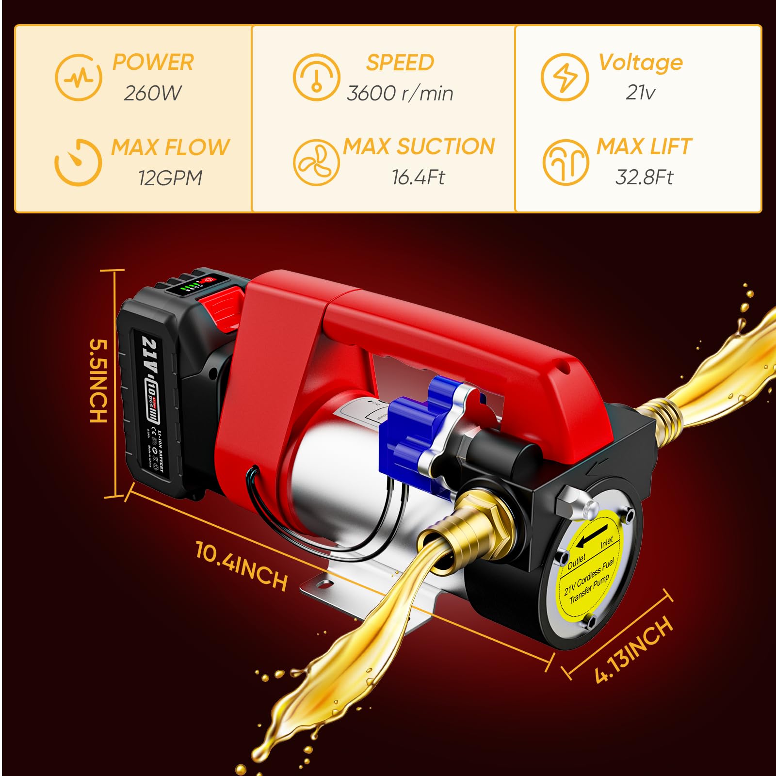 TaskStar Fuel Transfer Pump Battery Powered, 21V DC Cordless Diesel Transfer Pump Kit w/ 1X4.0Ah Battery, 12GPM Portable Self-Priming Diesel Pump Kit w/Nozzle&Hose Auto Shut Off for Diesel&Kerosene