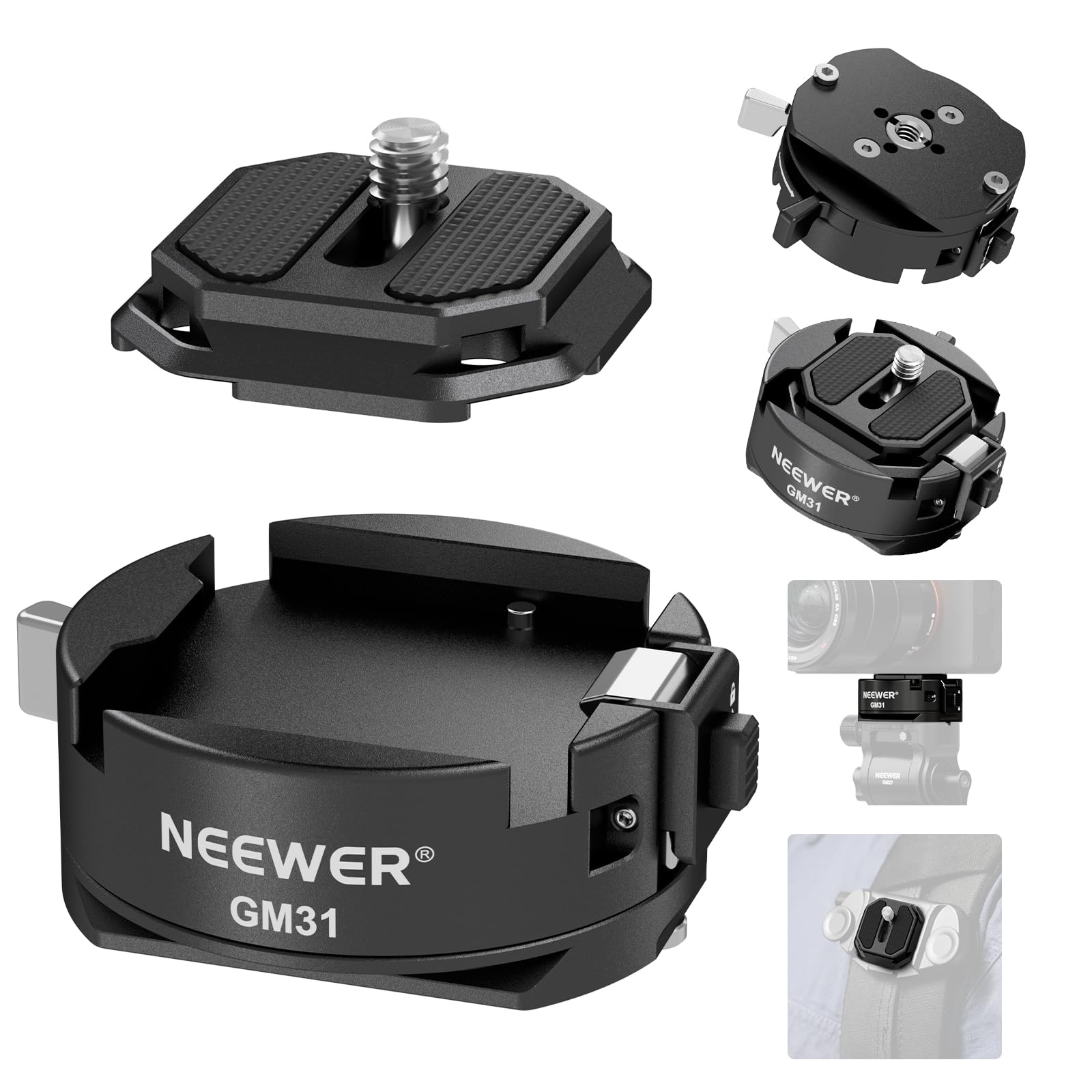 NEEWER GM31 Arca Type Quick Release Plate Kit, Quick Switch Auto Lock Square QR Camera Mount Plate, 1/4" 3/8" Thread for Tripod Slider, Max Load 11lb/5kg