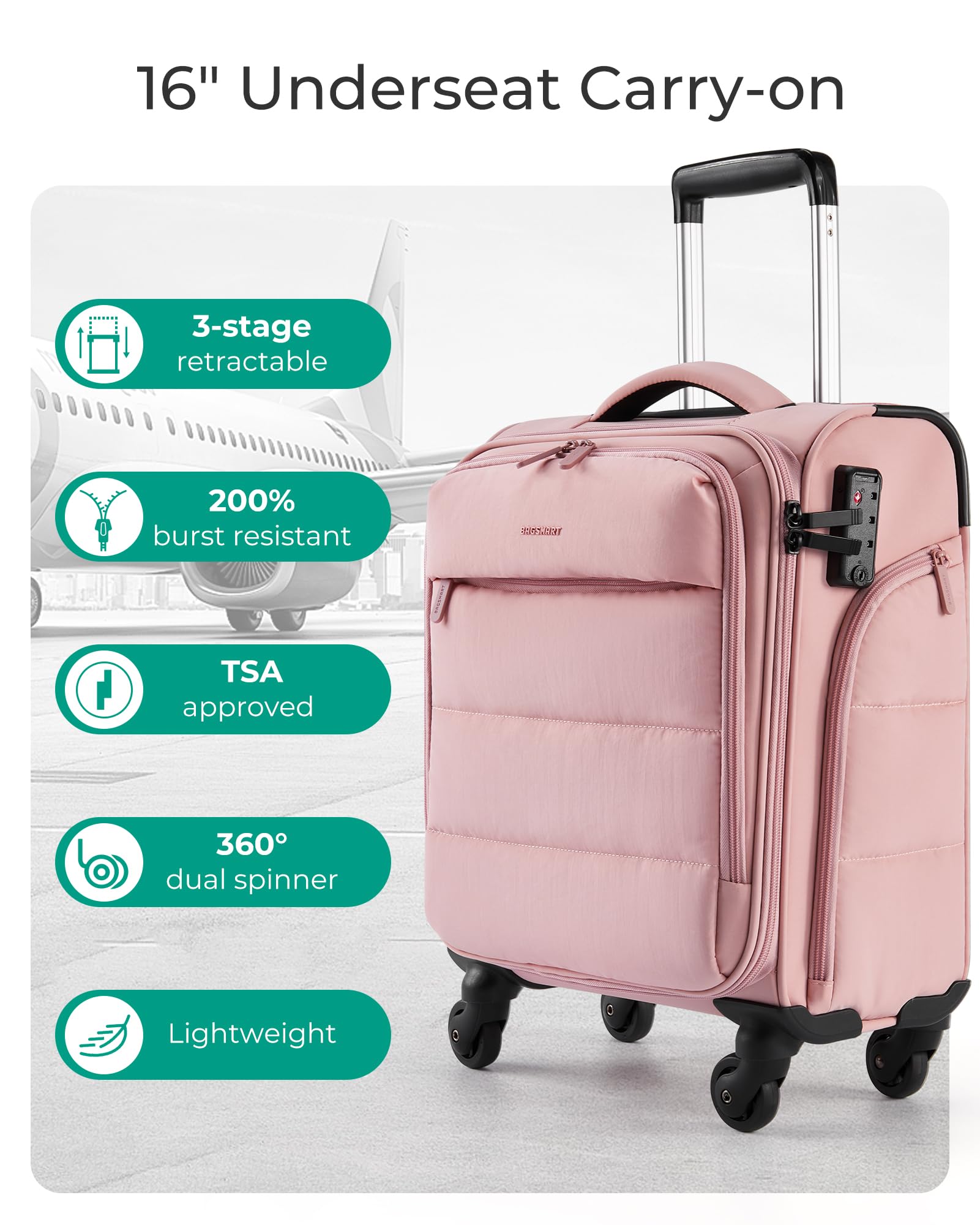 BAGSMART Underseat Carry on Luggage with Wheels, 16-inch Underseat Travel Luggage with PVC Wet/Dry Pockets, Lightweight Soft Personal Item Suitcase for Short Trip, Sakura Pink