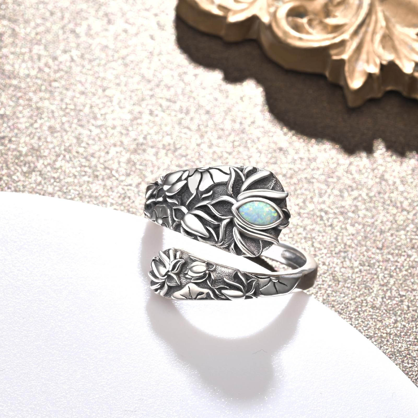 Louts Rose Sunflower Rings for Women Sterling Silver Spoon Rings Vintage Adjustable Antique Thumb Rings for Women Boho Flower Wide Opal Ring (Louts)