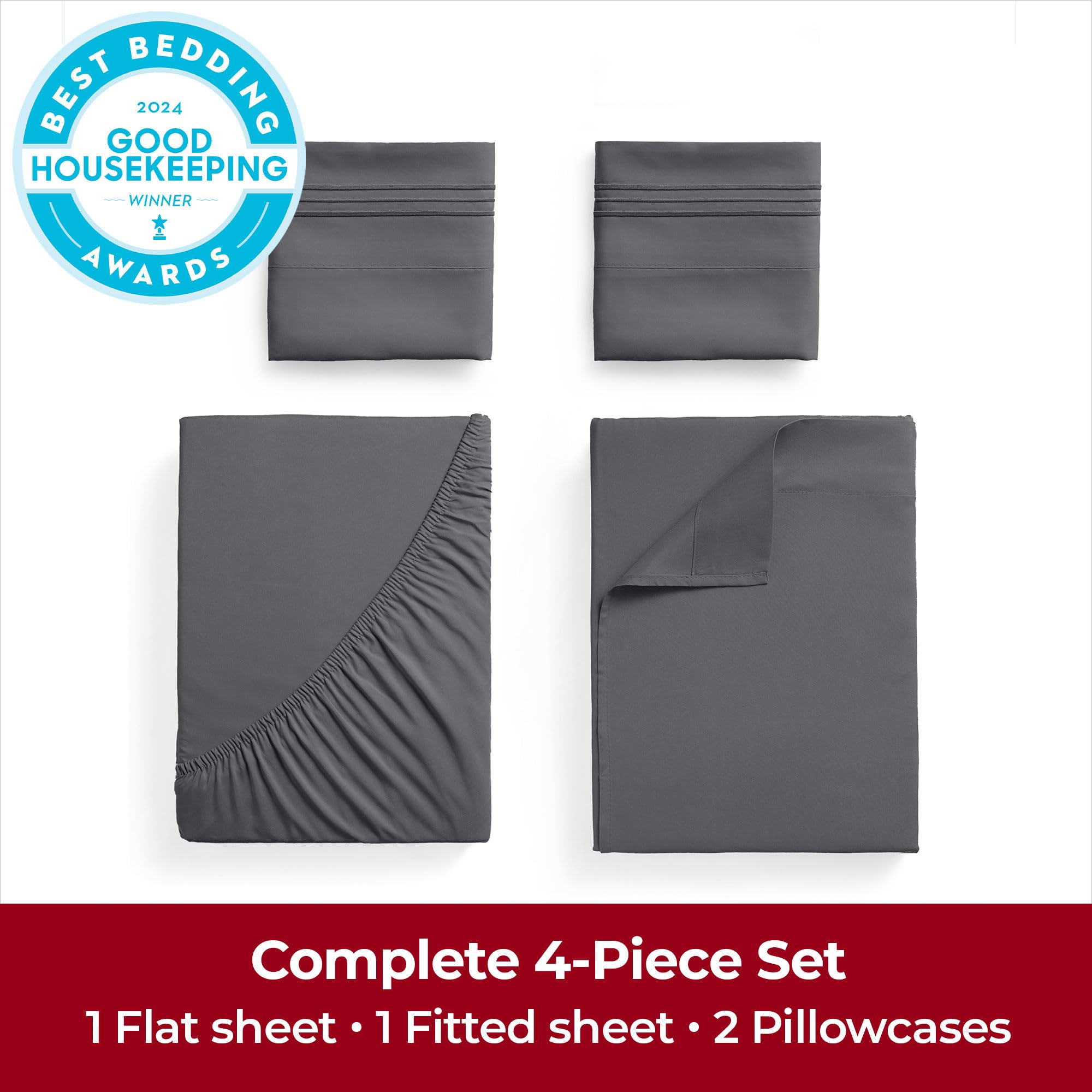 Mellanni Bed Sheet Set + Silk Pillowcase Bundle&Save - Hotel Luxury Bedding Sheets & Pillowcases - Bundle Includes: 4pcs Bed Sheet Set and 1 Mulberry Silk Pillowcase for Hair and Skin (King, Gray)