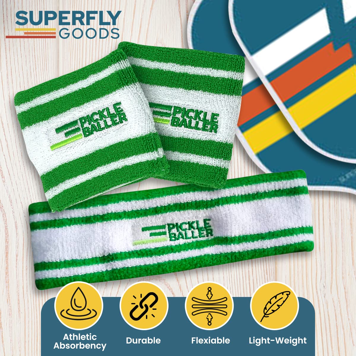 Super Fly Goods Sweatbands Pickleball Golf Tennis 1 Headband 2 Sweat Bands in Set Great Gift or for Your Sports or Team (Pickleball Head & Wristband Set)