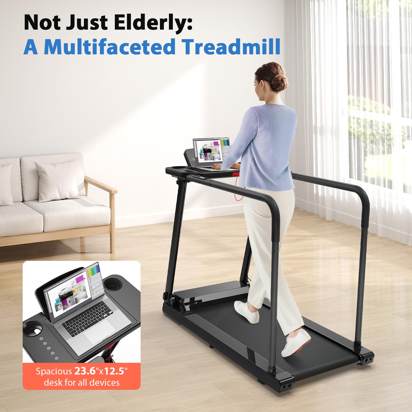 CIIHI Walking Treadmill for Senior - 350 lbs Senior Treadmill for Home with Long Handrails - Recovery Fitness Exercise Machine for Elder with Desk Workstation