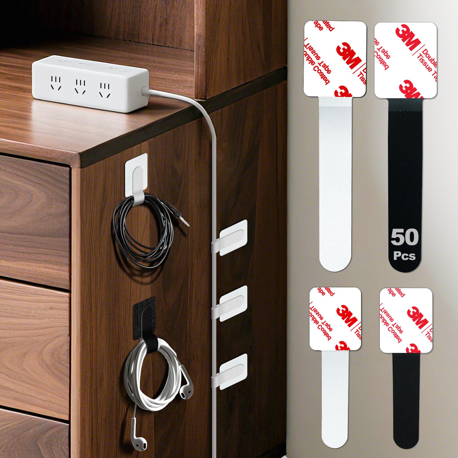 PHIXBEAR 50 Pcs Self Adhesive Cable Tie Reusable Made of 3M, Multi-Purpose Heavy Duty Hook Loop Cable Management Wire Ties for Home,Office,Kitchen,School (5.9" & 3.54", Black & White)