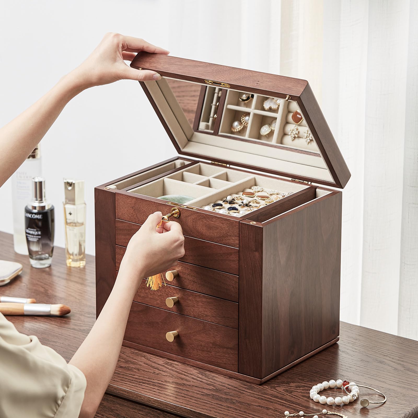 Homruilink Black Walnut Jewelry Box, 5-Layer Solid Wood Jewelry Organizer with 2 Side Doors Mirror Lockable Classical Style for Watch Necklace Ring Earring Mother’s Day Gifts