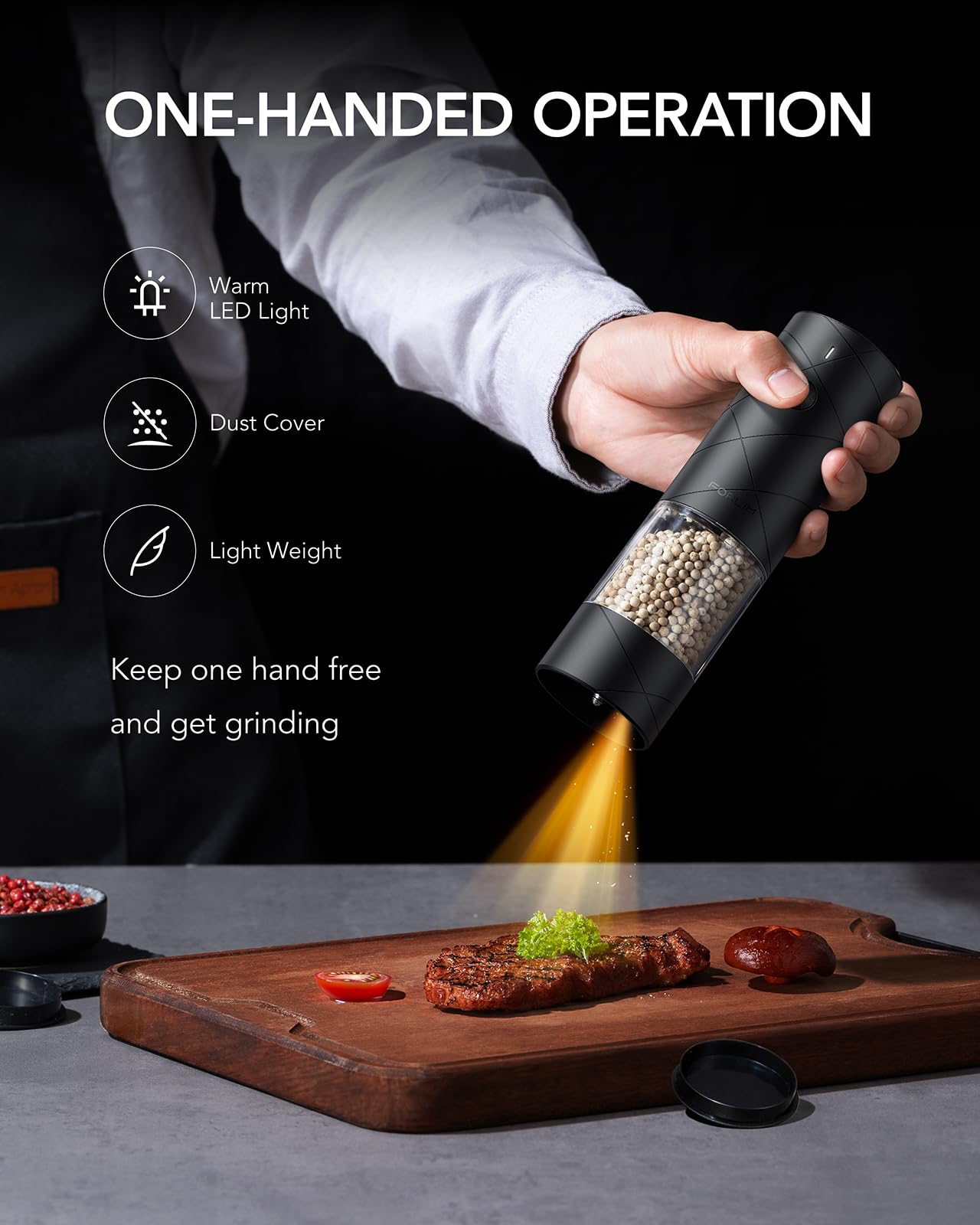 FORLIM Mini Rechargeable Electric Salt and Pepper Grinder Set with Dust Cover, Adjustable Coarseness Automatic Salt Pepper Mill Grinder, One-Button Control for Kitchen, LED Light, Set/Black&White