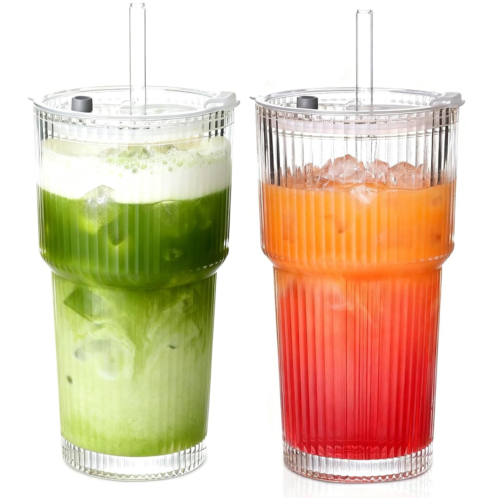 AFINSEA 20OZ Ribbed Glass Cups with Lids and Straws,Iced Coffee Cups with Lid,Vintage Glasses Tumbler Glassware for Whiskey Cocktail Beer Juice（2PCS）