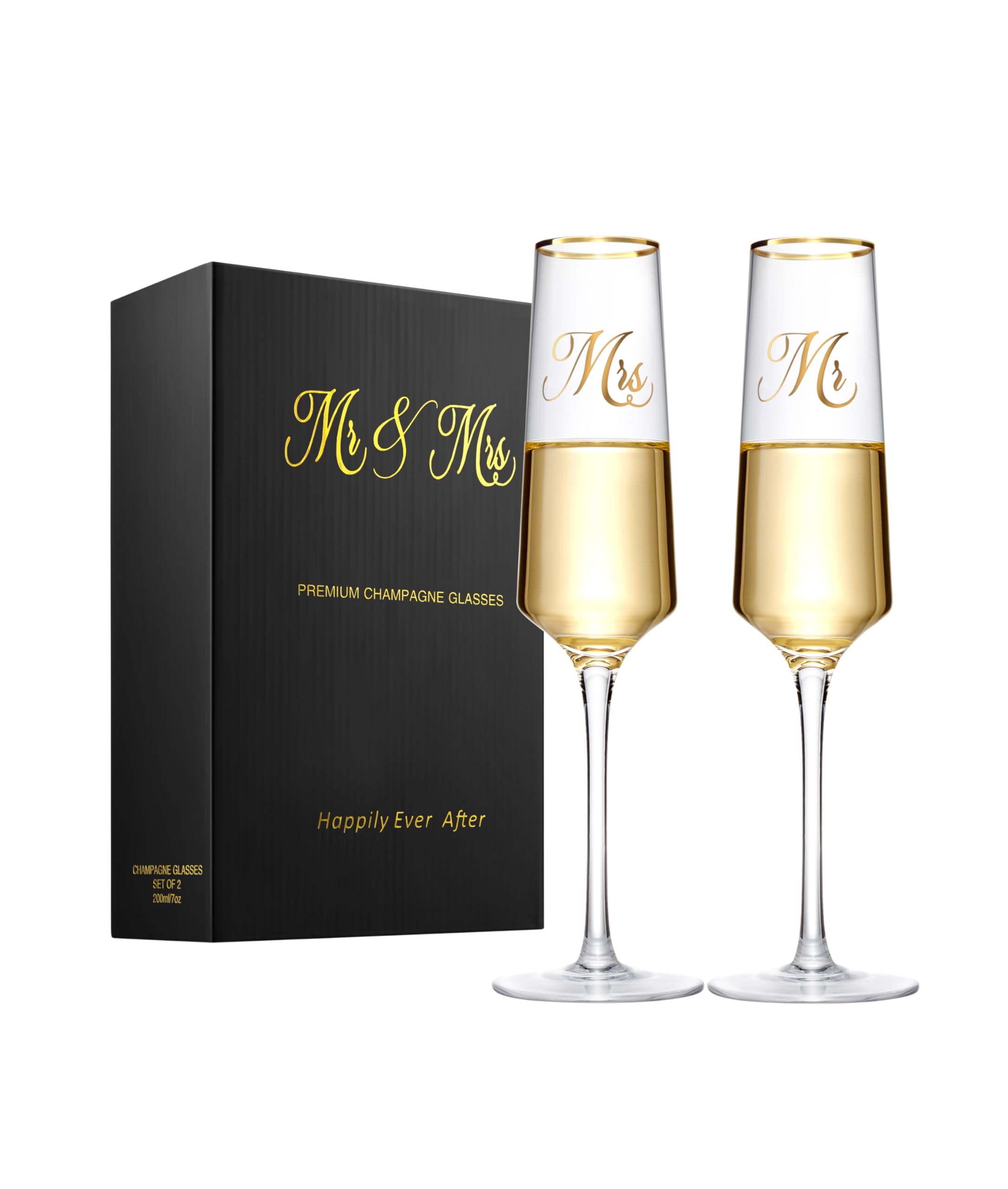 Mr and Mrs Wedding Champagne Flutes with Long Stem,Bride and Groom Toasting Glass Set of 2, Bridal Shower Gift, Valentines Day Gift for Wedding, Anniversary, Wifey Gifts, Engagement Gifts for Couples