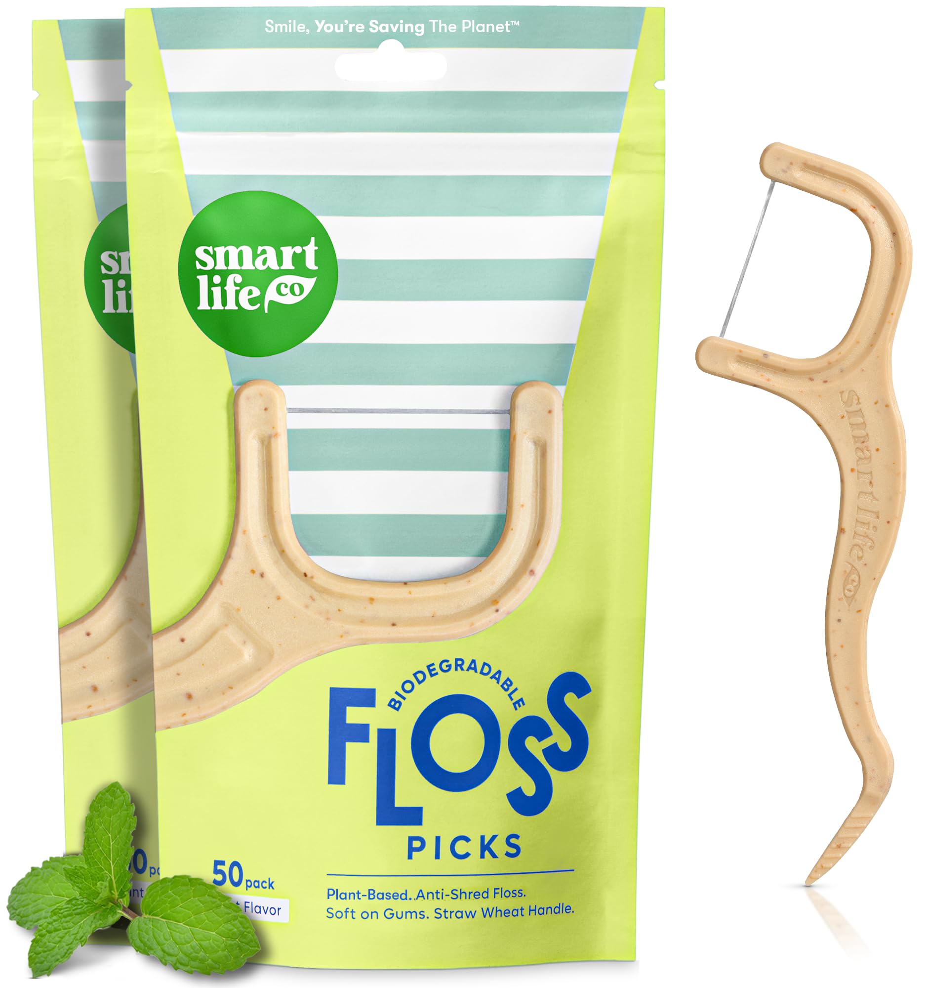 SMARTLIFECO Biodegradable Dental Floss Picks - Plant Based Handle, Thin Thread Tooth Flossers for Adults & Kids, Eco Friendly Toothpick Soft on Gum & Teeth, Compostable Zero Waste Vegan, 100 Mint