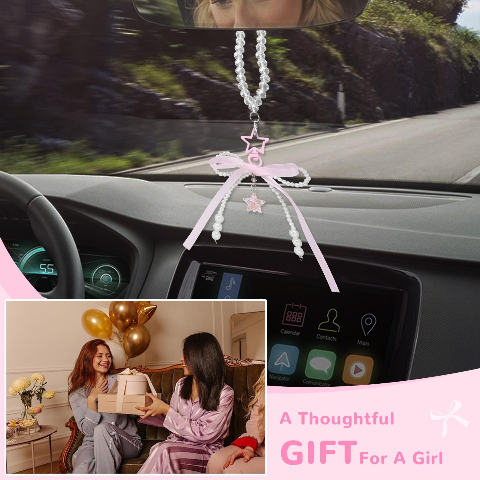 Cute Pink Bow Rearview Mirror Hanging Ornament