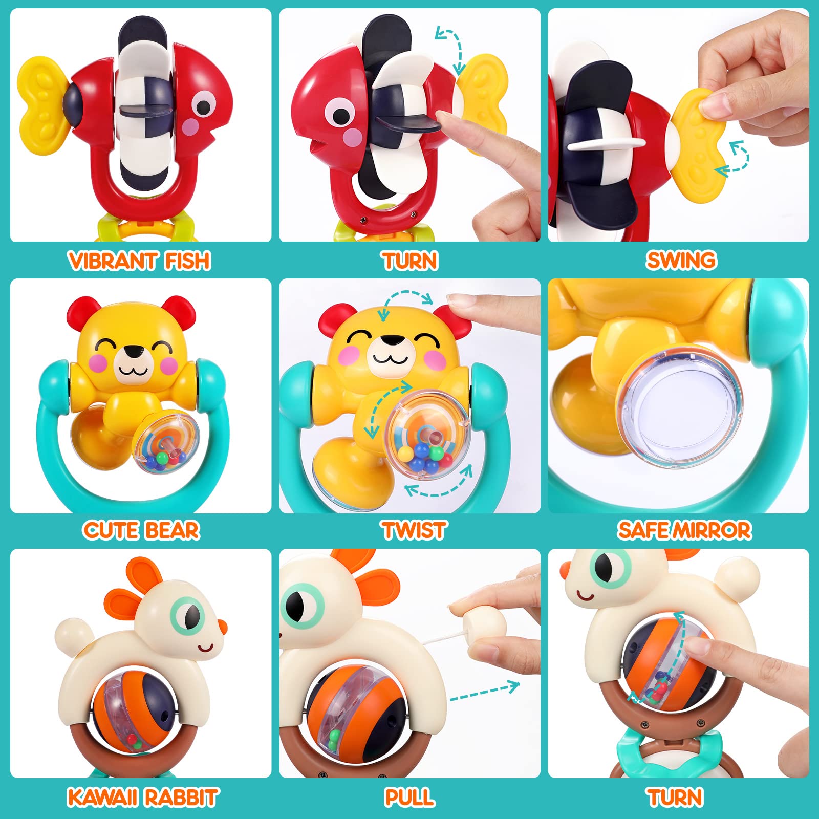 Baby Toys 6-12 Months Infant Toys Set of 3 High Chair Suction Cup Rattle Teething Toys for Baby 6 7 9 12-18 Months 2-in-1 Sensory Development Tray Toy Baby Gifts Boys Girls Easter Basket Stuffers