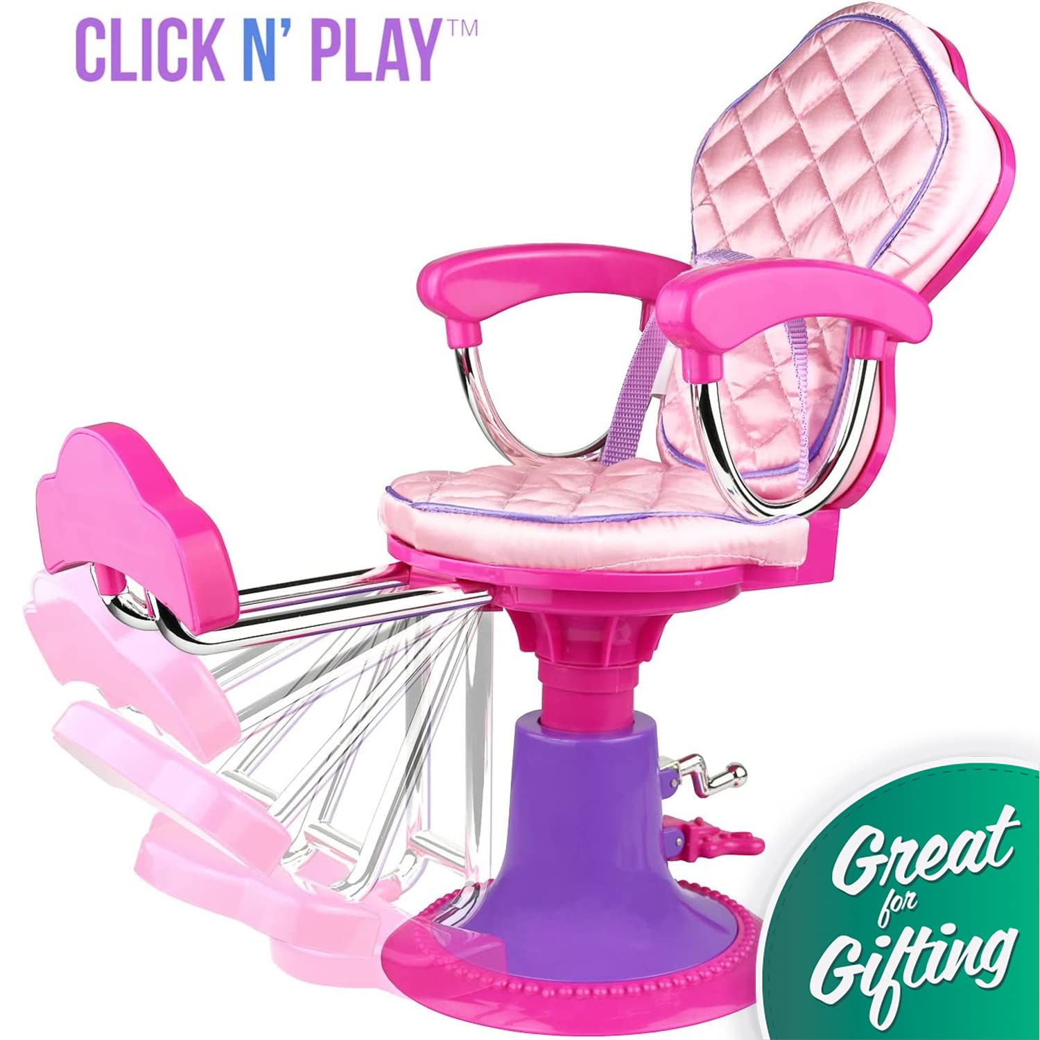 Click N' Play Doll Salon Chair for Pretend Play - Hair Salon Toys for Girls, Pretend Salon Kit with Accessories: Hair Brush, Curlers, Clips - Chair for Dolls - Girl Gift for Ages 3 Up, Pink, Purple