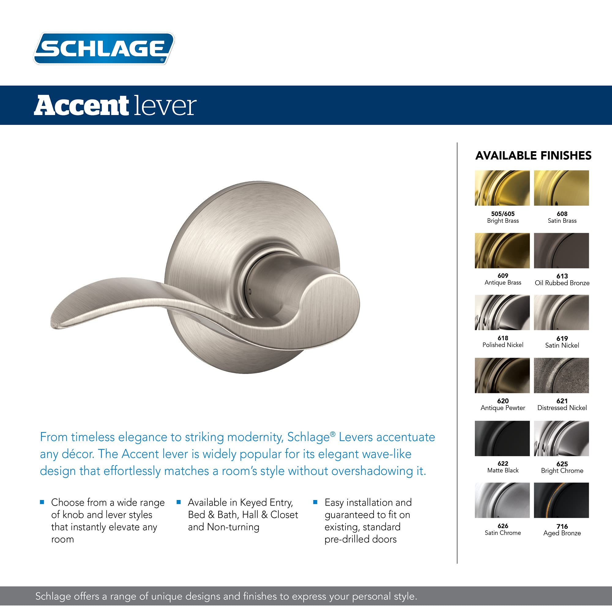 Schlage F10 ACC 622 Accent Door Lever, Hall & Closet Passage Lock, Matte Black