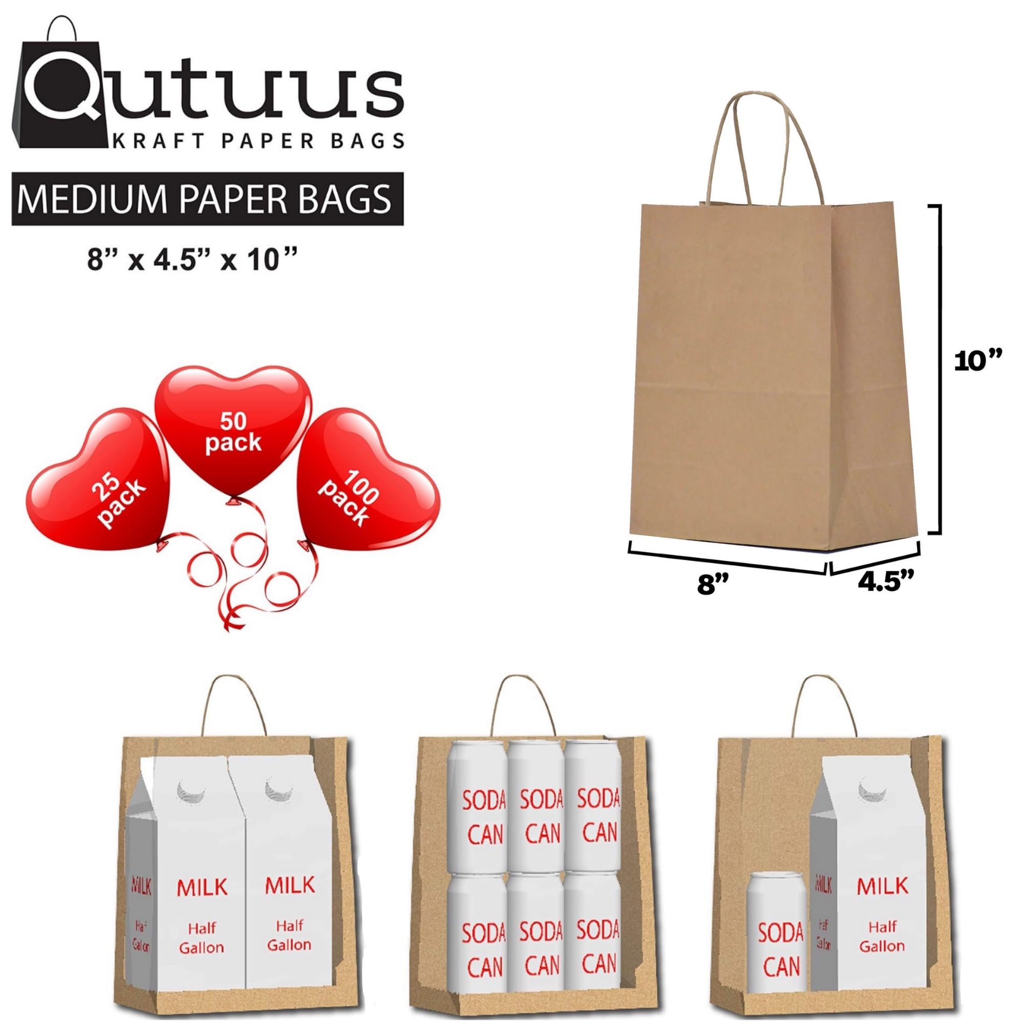 Qutuus Kraft Paper Gift Bags with Handles - 8x4.5x10 25Pcs Brown Shopping Bags for Parties, Favors, Businesses