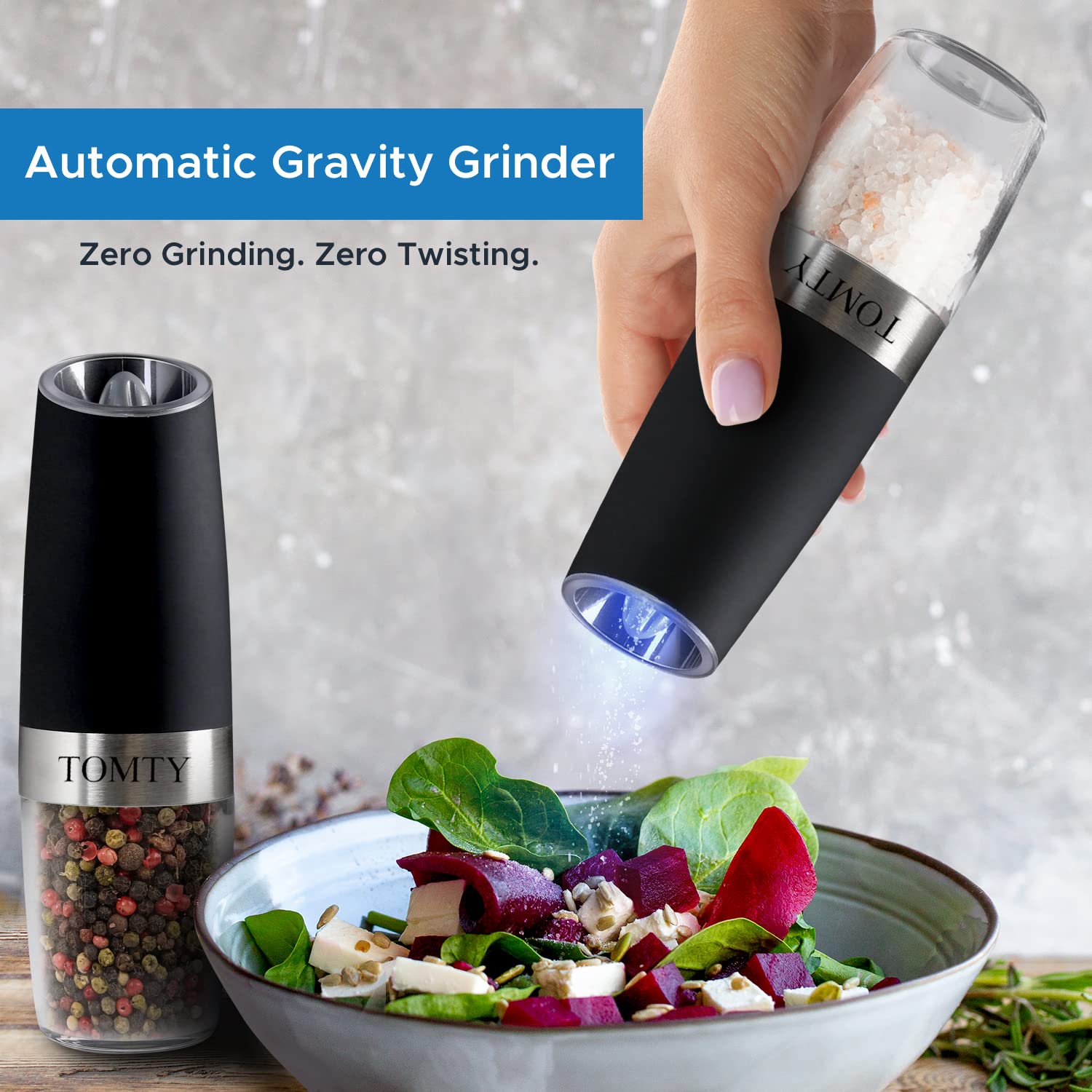 Battery-Operated Gravity Salt and Pepper Grinder Set - White Kitchen Gadgets Gifts for Cooking Adults