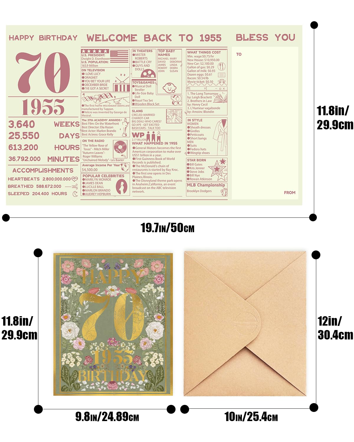 qiqee 2025 70th Birthday Greeting Card, 70 Years Old Birthday Gift Card,Memory Back In 1955（Envelope）