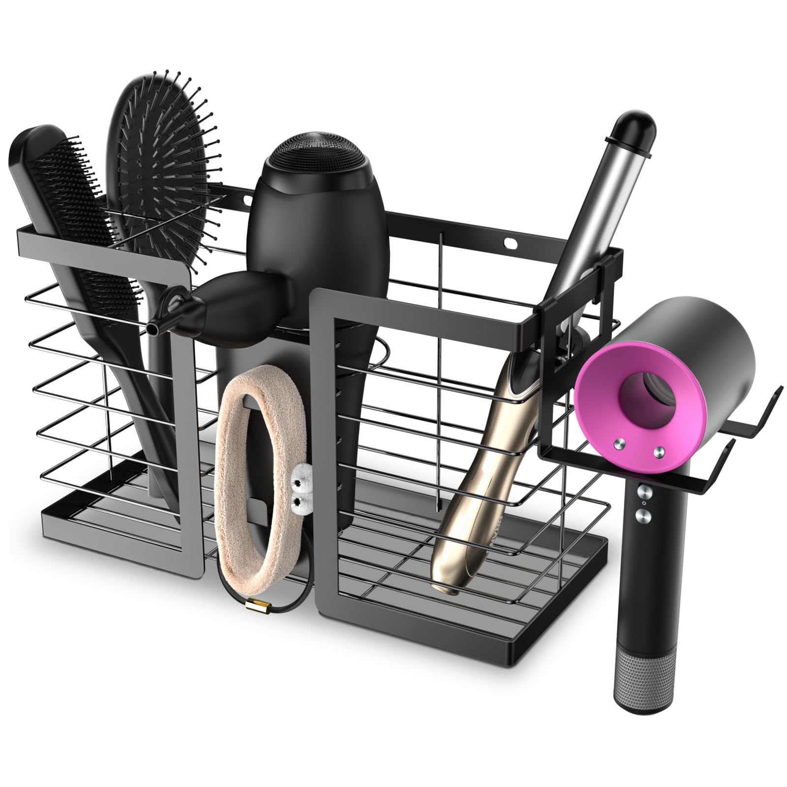 FUNKYLEE Hair Tool Organizer - Hair Dryer Holder, 3 in 1 Metal Bathroom Organizer Wall Mount for Flat Iron, Curling Iron, Straightener, Styling Tools Bathroom Storage and Organizer (Black)