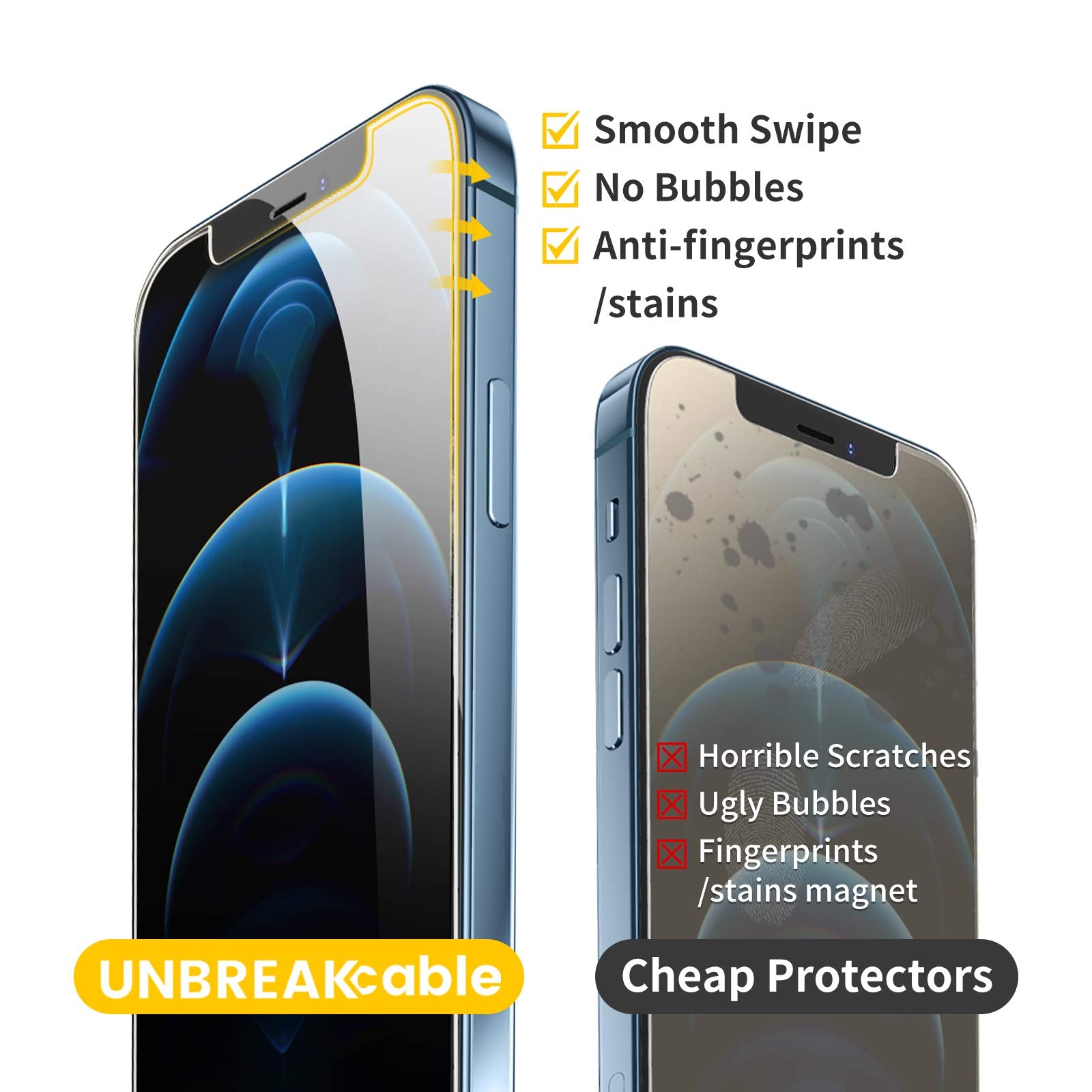 UNBREAKcable 3-Pack Screen Protector for iPhone 12 Pro Max, Double Shatterproof Tempered Glass [Easy Installation] [9H Hardness] [99.99% HD Clear] [Case Friendly] for iPhone 6.7 inch