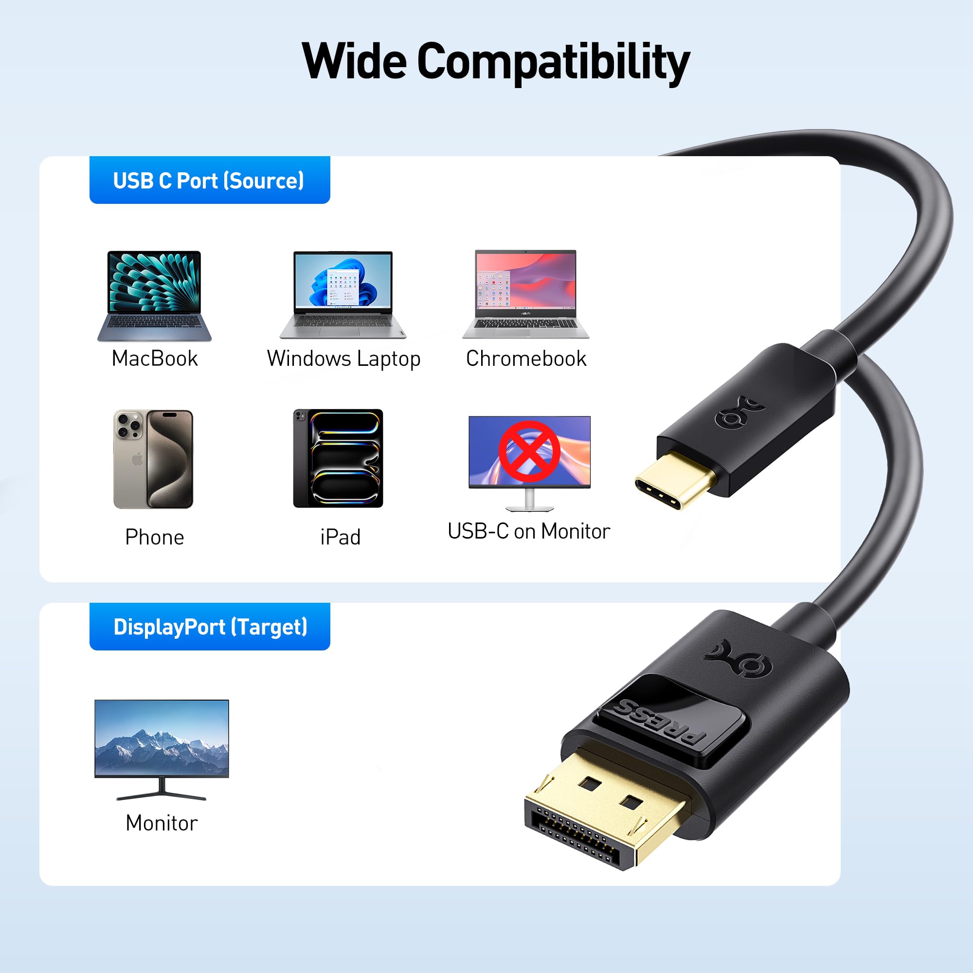 Cable Matters USB C to DisplayPort 1.4 Cable 6 ft, Support 8K@60Hz, 4K@240Hz (Thunderbolt 4 to DisplayPort Cable, DisplayPort to USB C Cable) Black - Not for Portable USB-C Monitor